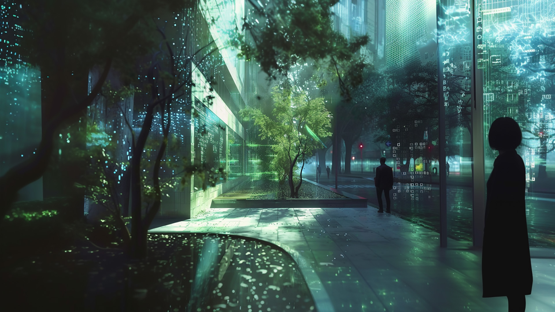 Concept art of digital greenery, a person walking through an urban street in the evening, futuristic cityscape, holographic displays, soft lighting, digital reflections on glass surfaces, a feeling of tranquility and connection with nature amidst advanced technology