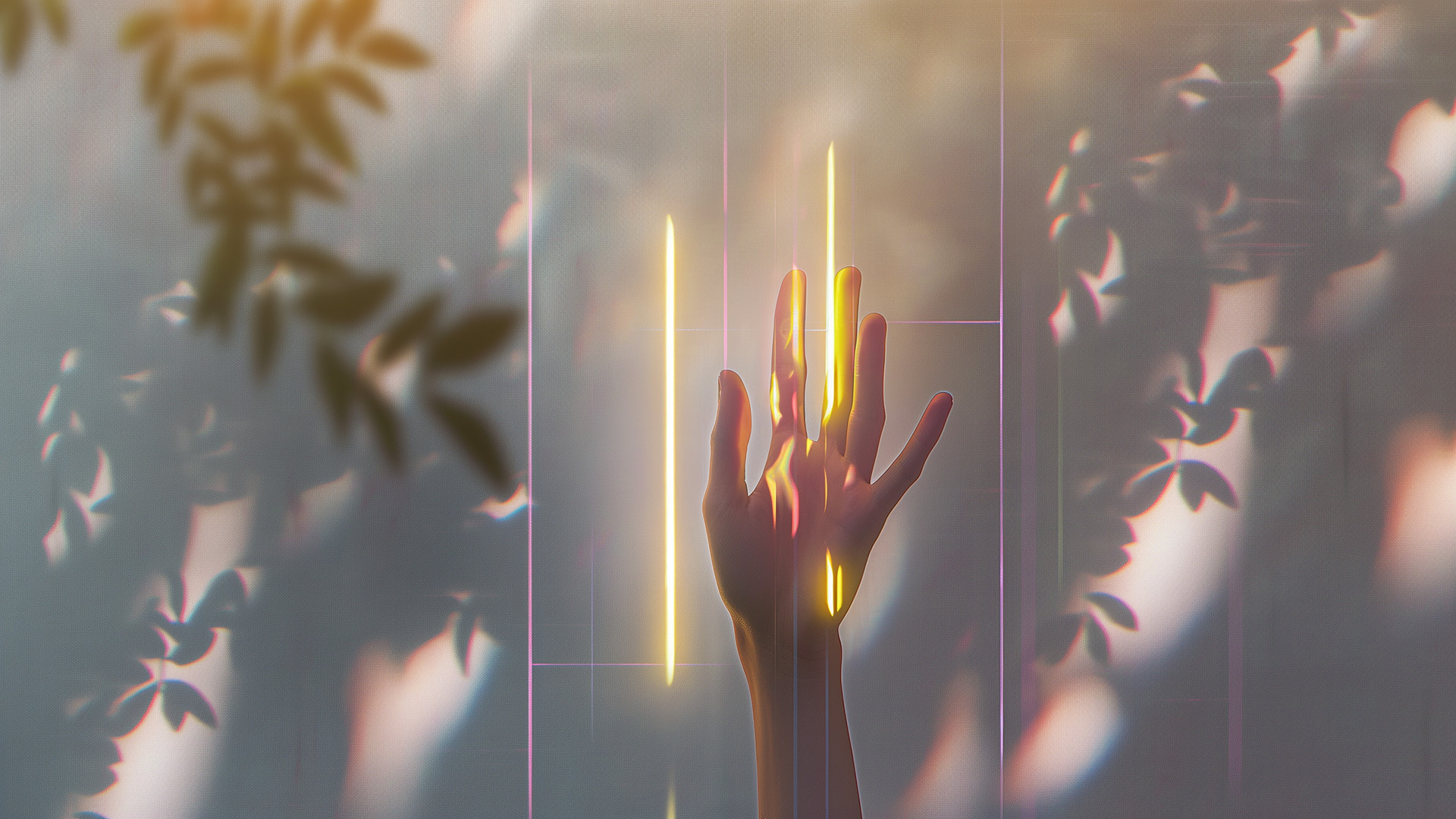 A hand with sunlight and digital light effects, against a white wall with some tree branches