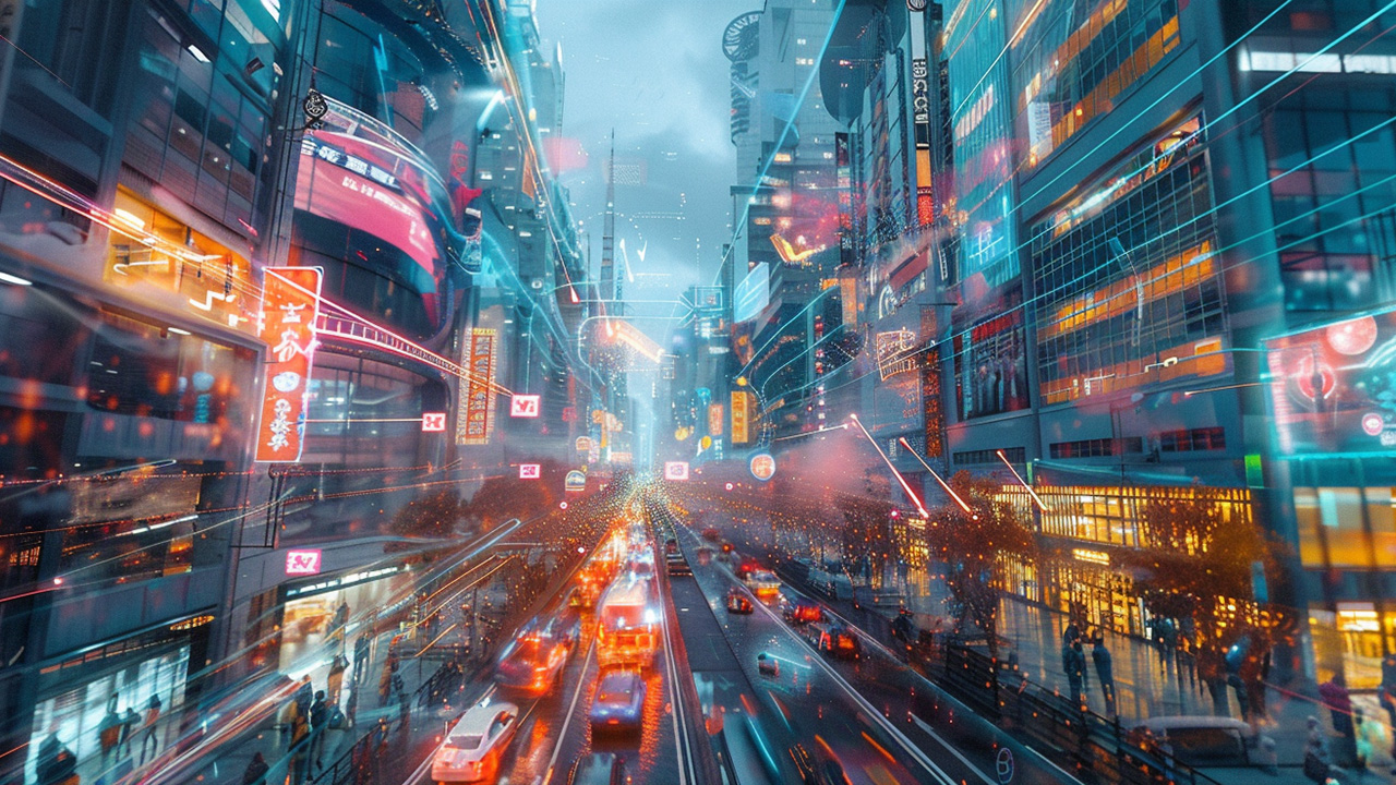 A futuristic looking shot of a busy city street full of traffic and neon signs as well as augmented reality elements