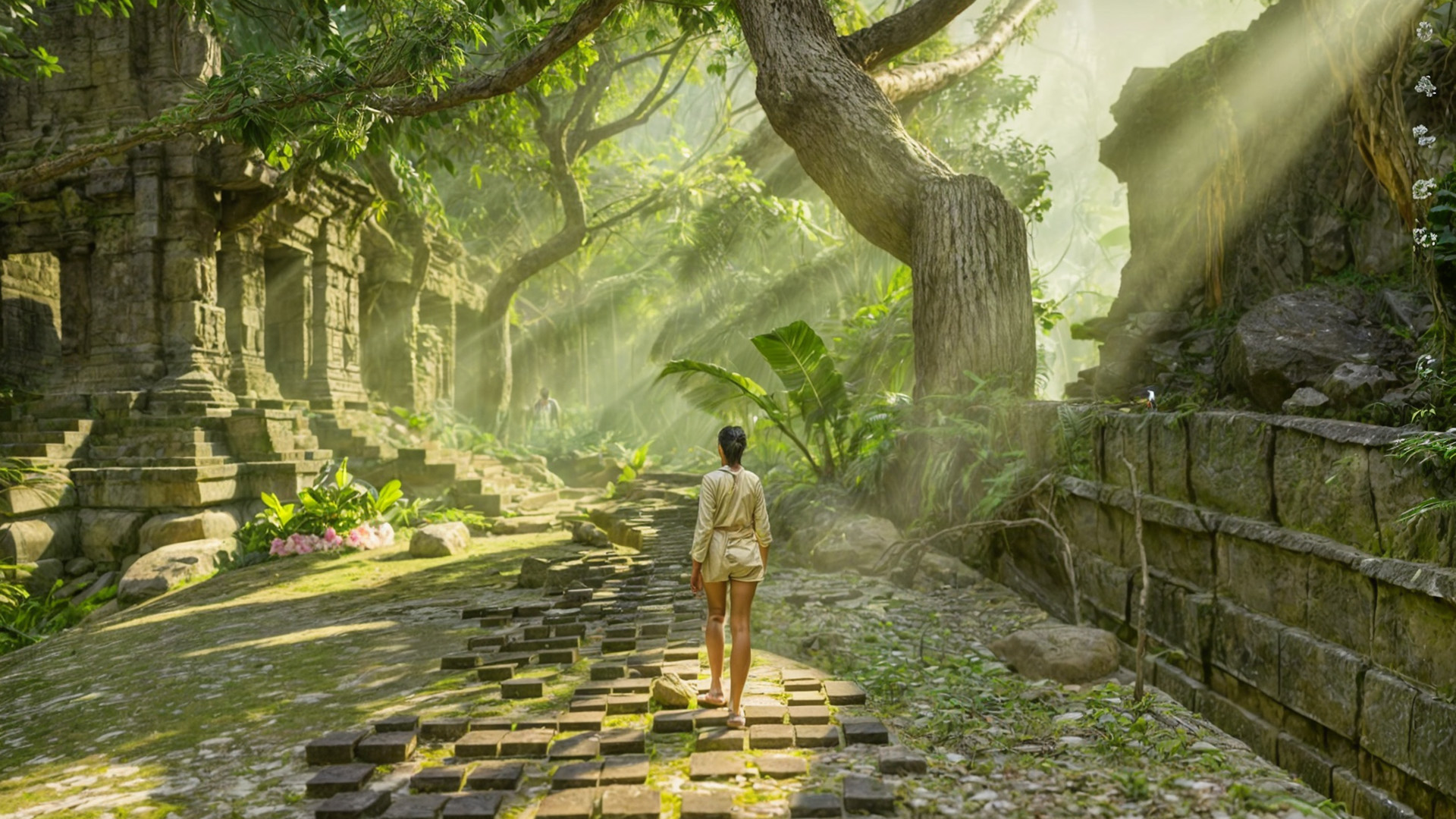 A screenshot from within Sansar of a female avatar walking in a lush forest, with remants of ancient temple ruins