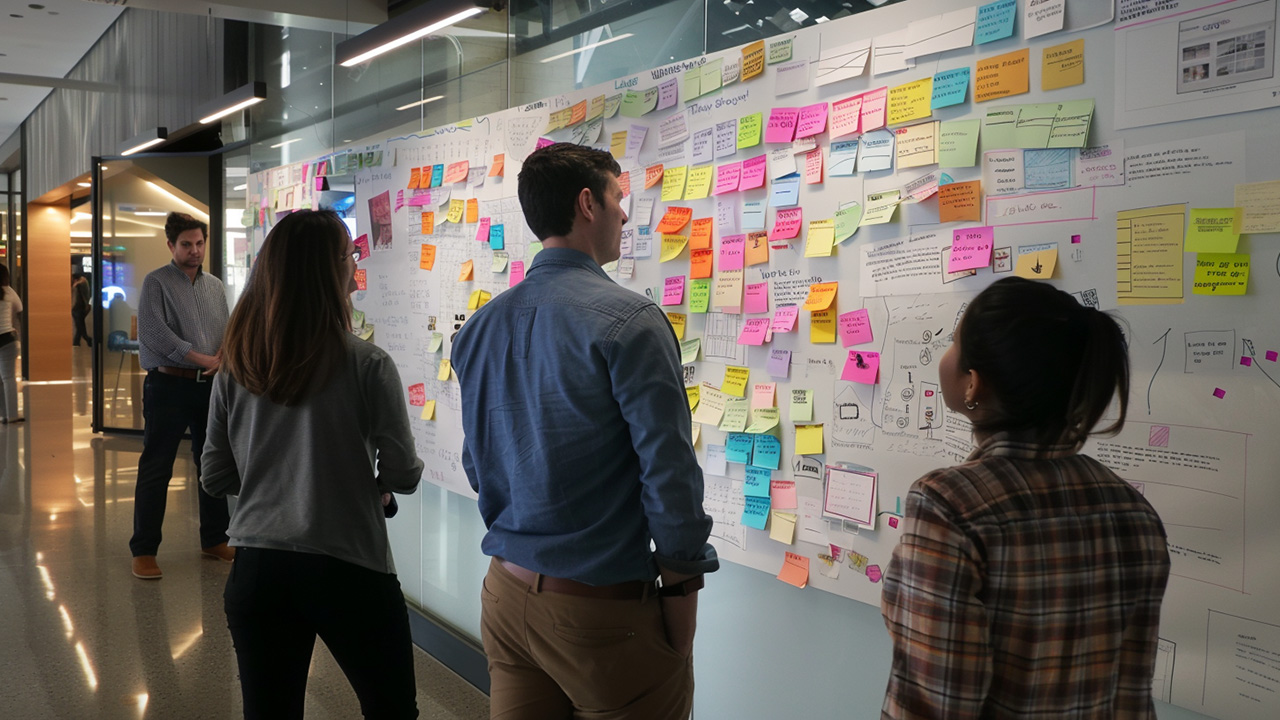 A photo of four people looking at a large white board mounted to a wall, with a number of sticky notes attached to it, suggesting a brainstorming technique