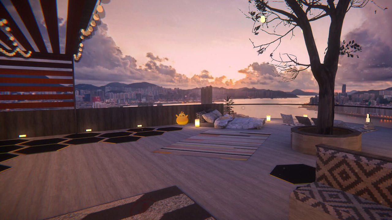 A virtual reality experience featuring yoga and meditation in an open-air rooftop space overlooking the city skyline at sunset