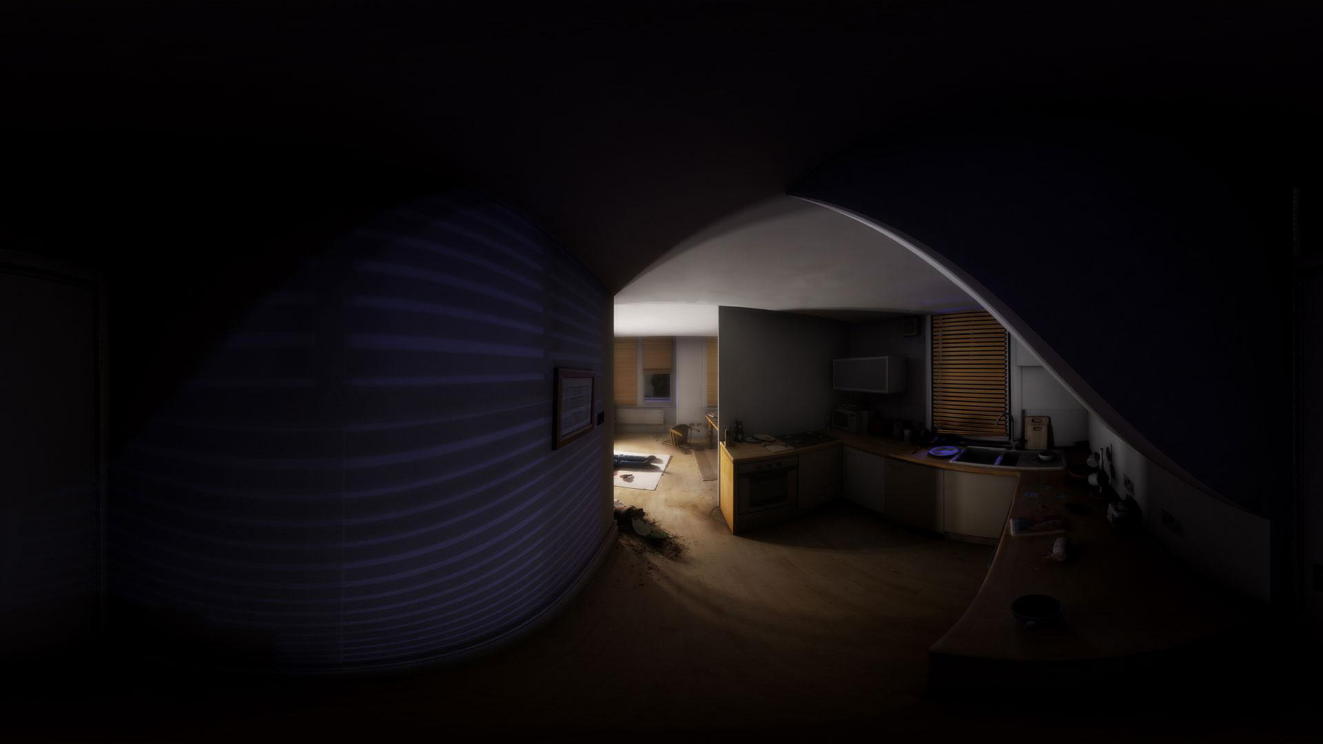 A screenshot from a Unity-made game showing a crime scene inside a dark scary apartment
