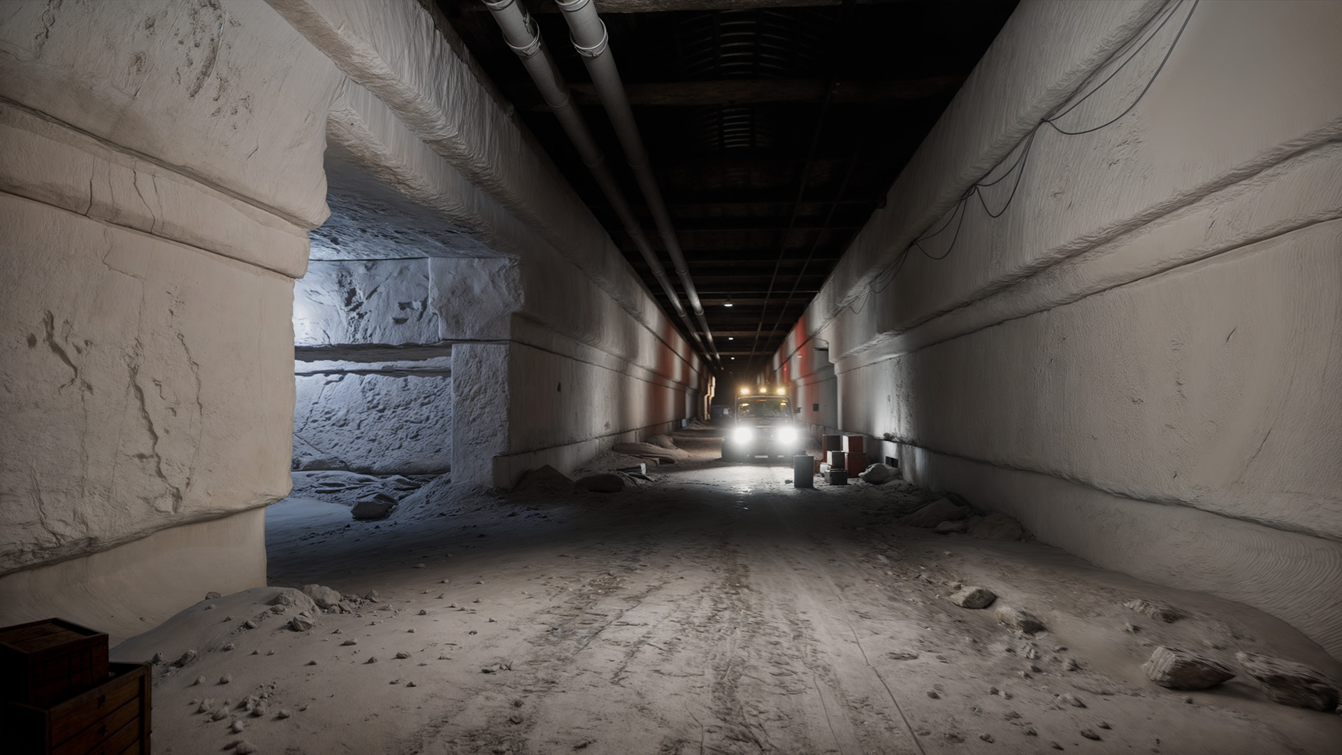 A screenshot from within Unreal Engine of one of the small housing units in the icy tunnels of Camp Century