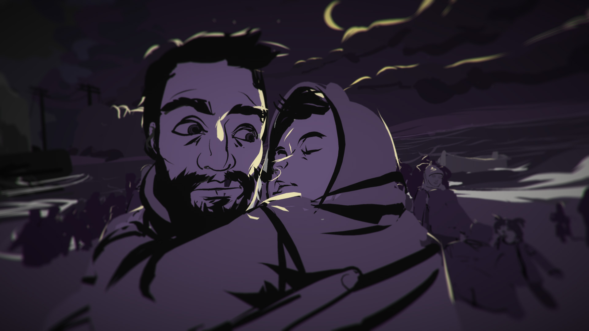 A purple and black stylized illustrated image made in Tilt Brush, of a father holding his son on a beach in Syria