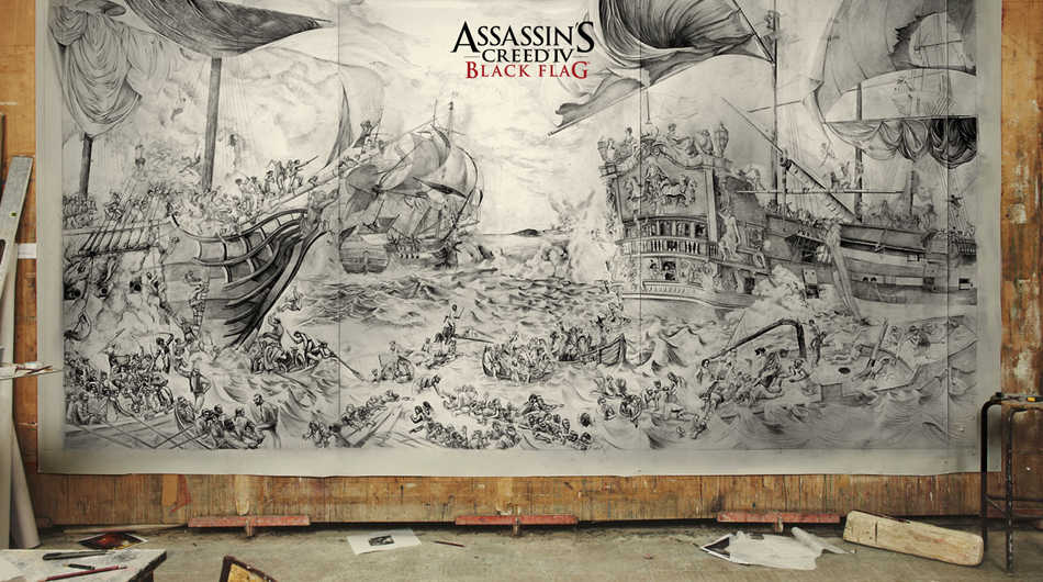 The completed Assassin's Creed IV monumental pencil drawing — a vast, detailed battle scene depicting sailing ships in conflict at sea, mounted on canvas in a Paris studio. The finished work measured 4.5 metres by 2.3.