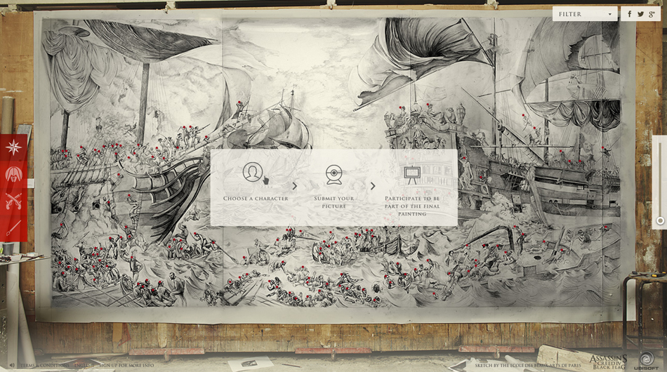 Screenshot of the Assassin's Creed IV Beaux-Arts microsite — the naval battle sketch fills the background with red pins marking 200 character slots, and a UI panel showing the three-step process: choose a character, submit your picture, participate in the final painting.
