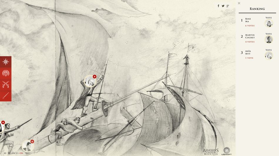Screenshot of the Assassin's Creed IV microsite showing a close-up of the naval battle sketch with a user's face placed on a character in the rigging, and a sidebar ranking panel displaying top vote-getters.