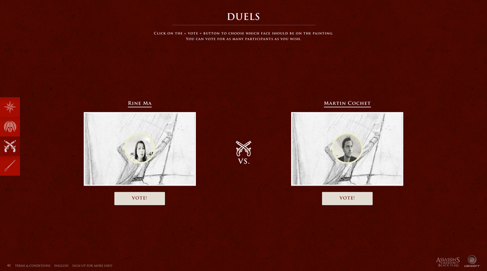 Screenshot of the Assassin's Creed IV 'Duels' feature — two user-submitted portraits face off on a deep red background, with crossed-pistol iconography and vote buttons beneath each.