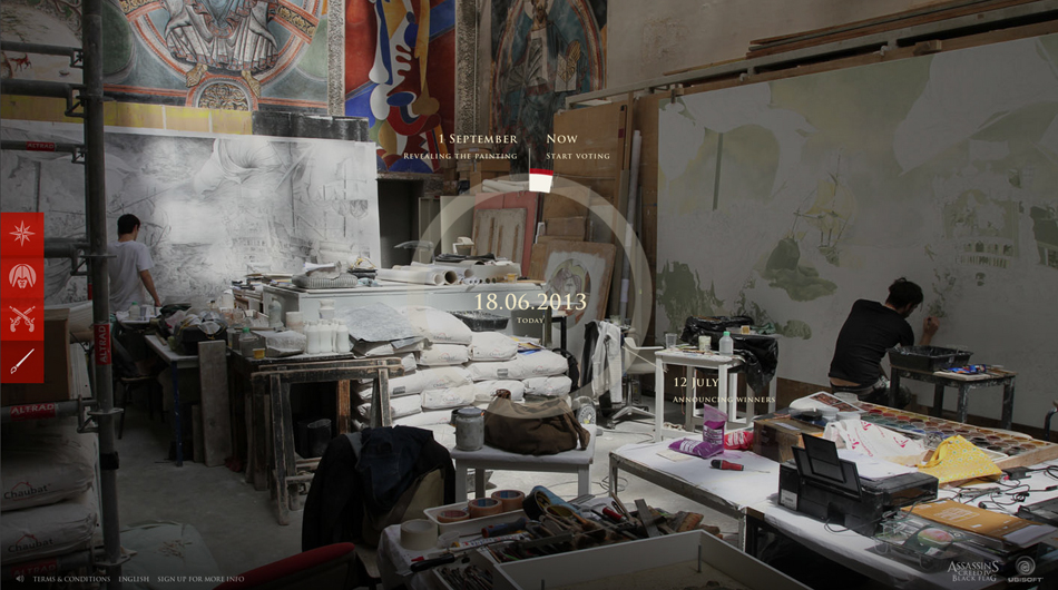 Screenshot of the Assassin's Creed IV campaign timeline page — key dates overlaid on a photograph of Beaux-Arts students painting the monumental mural in their Paris studio, with artworks and scaffolding visible throughout the space.