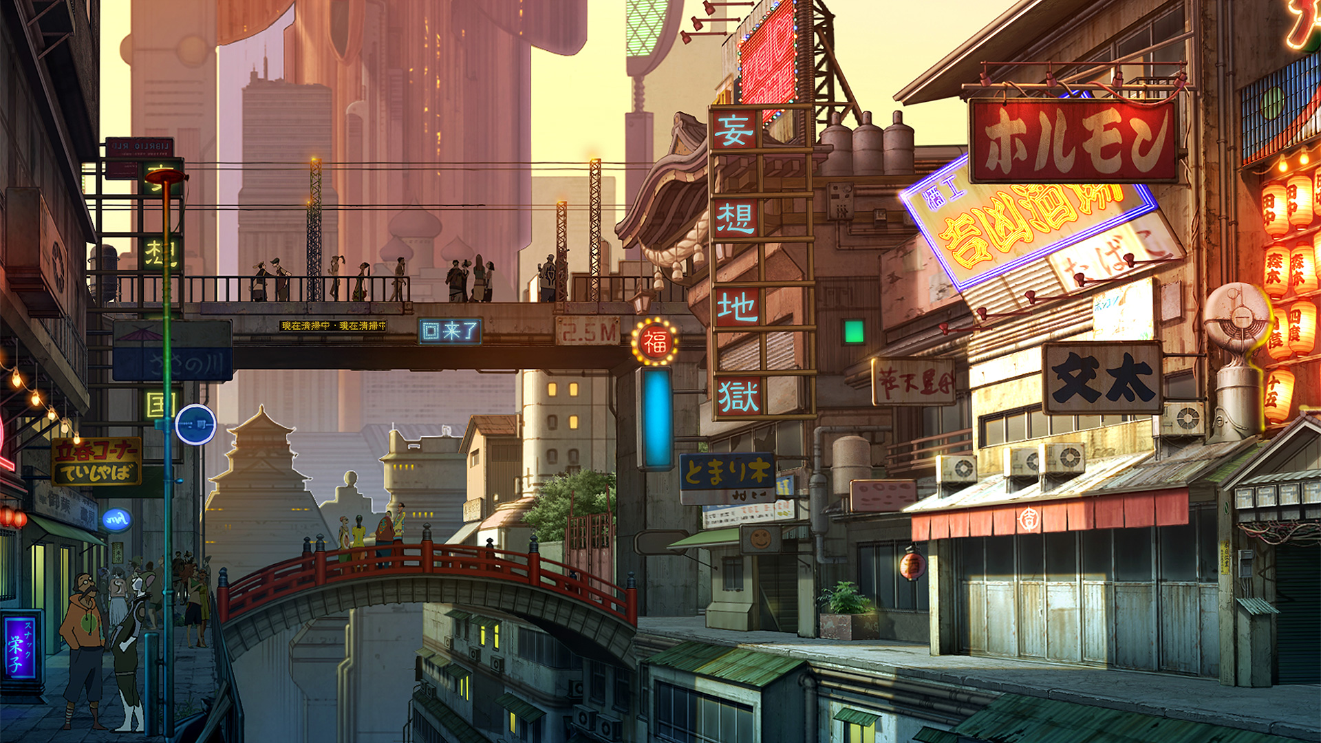 A wide shot of a Tokyo street at night, glowing with neon lights and large billboards, setting the scene for the interactive story of Attraction