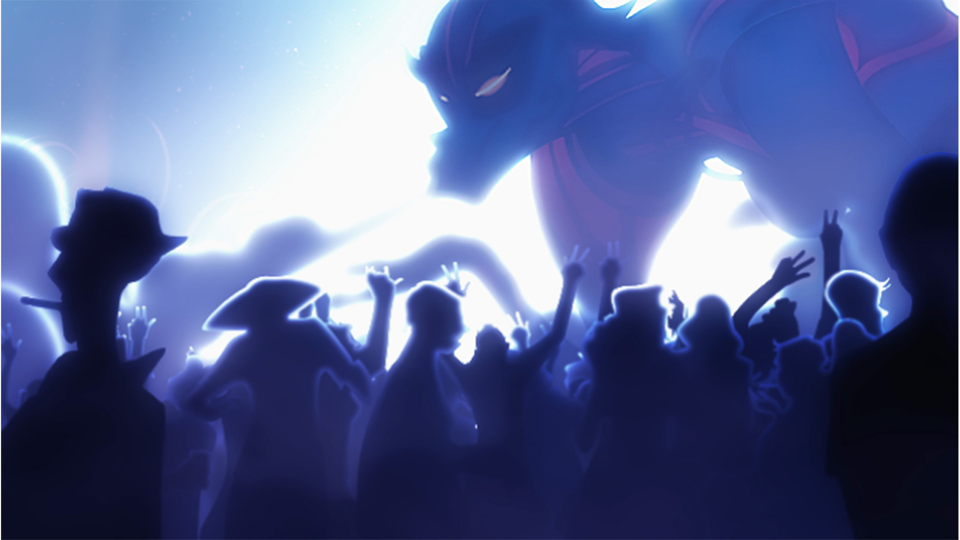 The Boss of the nightclub, a large monsterous figure, blows cigarette smoke over the crowd framed by flashing strobe lights