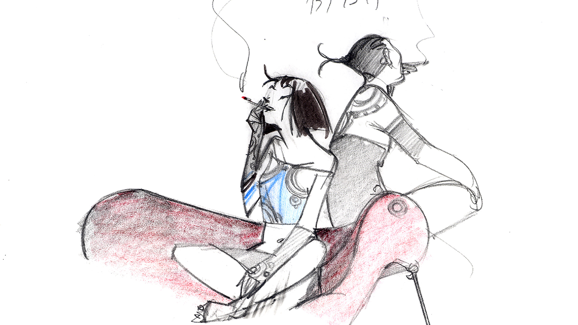 A production sketch by Koji Morimoto of visitors to the nightclub smoking on a couch