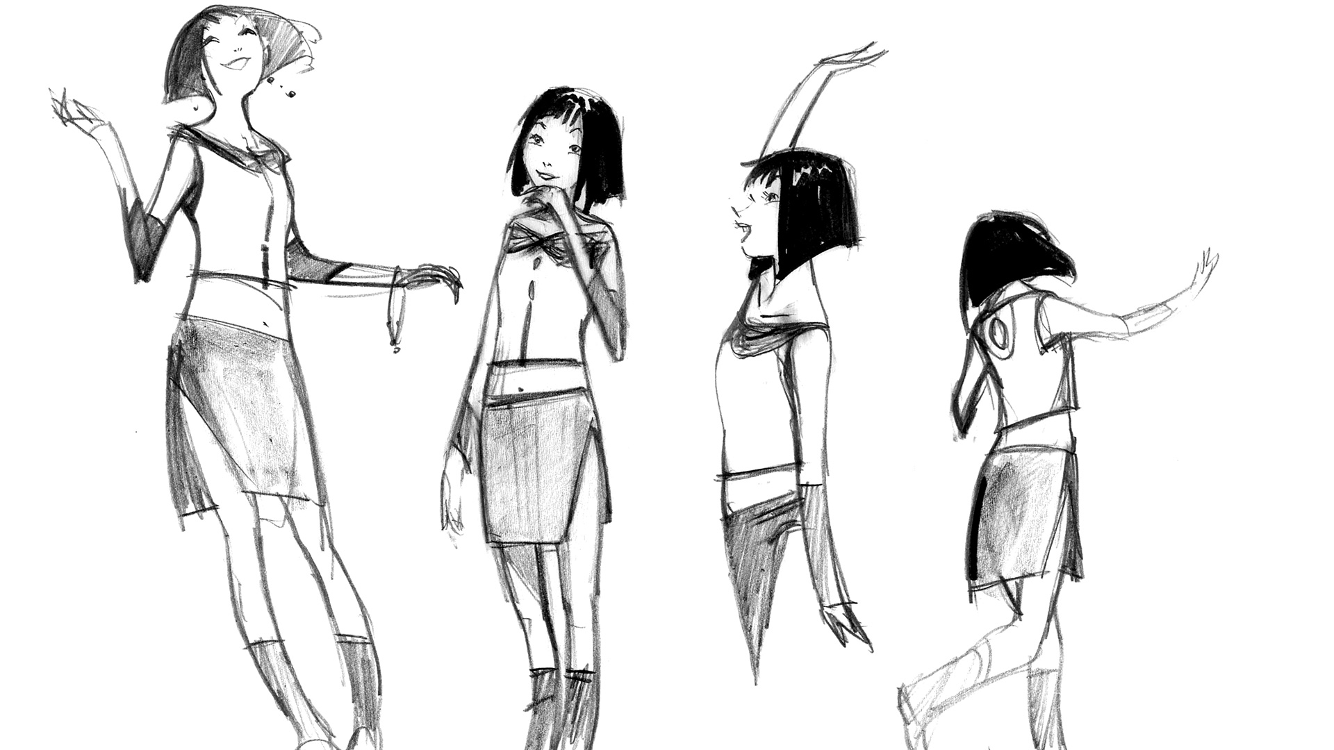 Production sketches by Koji Morimoto of Ren in various poses
