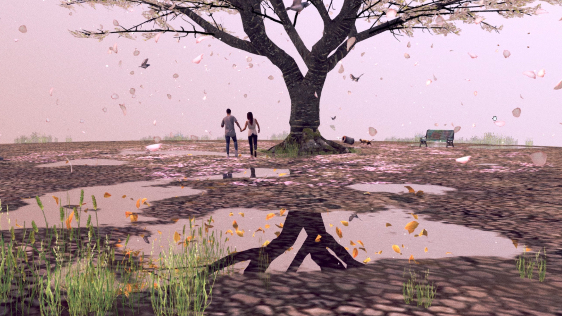 A screenshot of the project, showing a giant flowering cherry blossom tree with small puddles of water in which you see the same tree reflrected during the autumn, while a couple walks through the scene holding hands