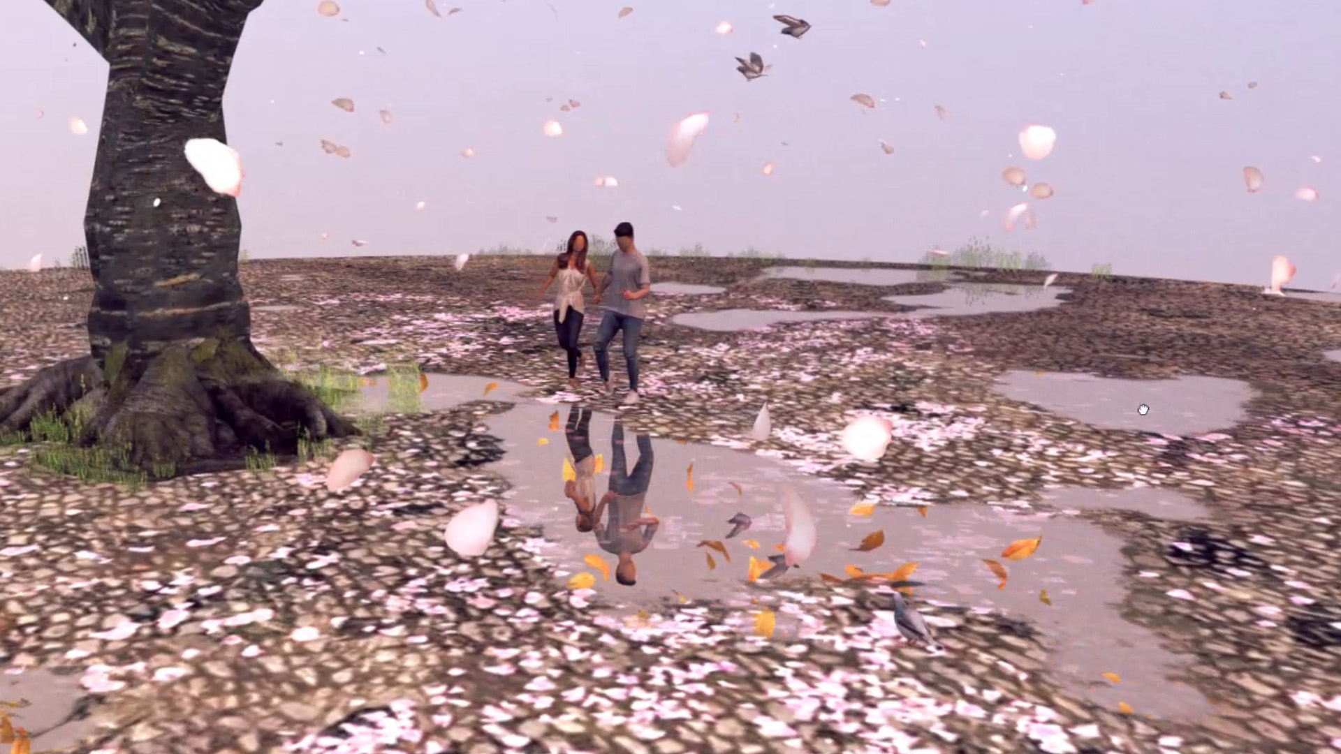 A screenshot of the project, showing a giant flowering cherry blossom tree with small puddles of water in which you see the same tree reflrected during the autumn. While a couple holds hands in the spring version of the scene, in the autumn version they are separated