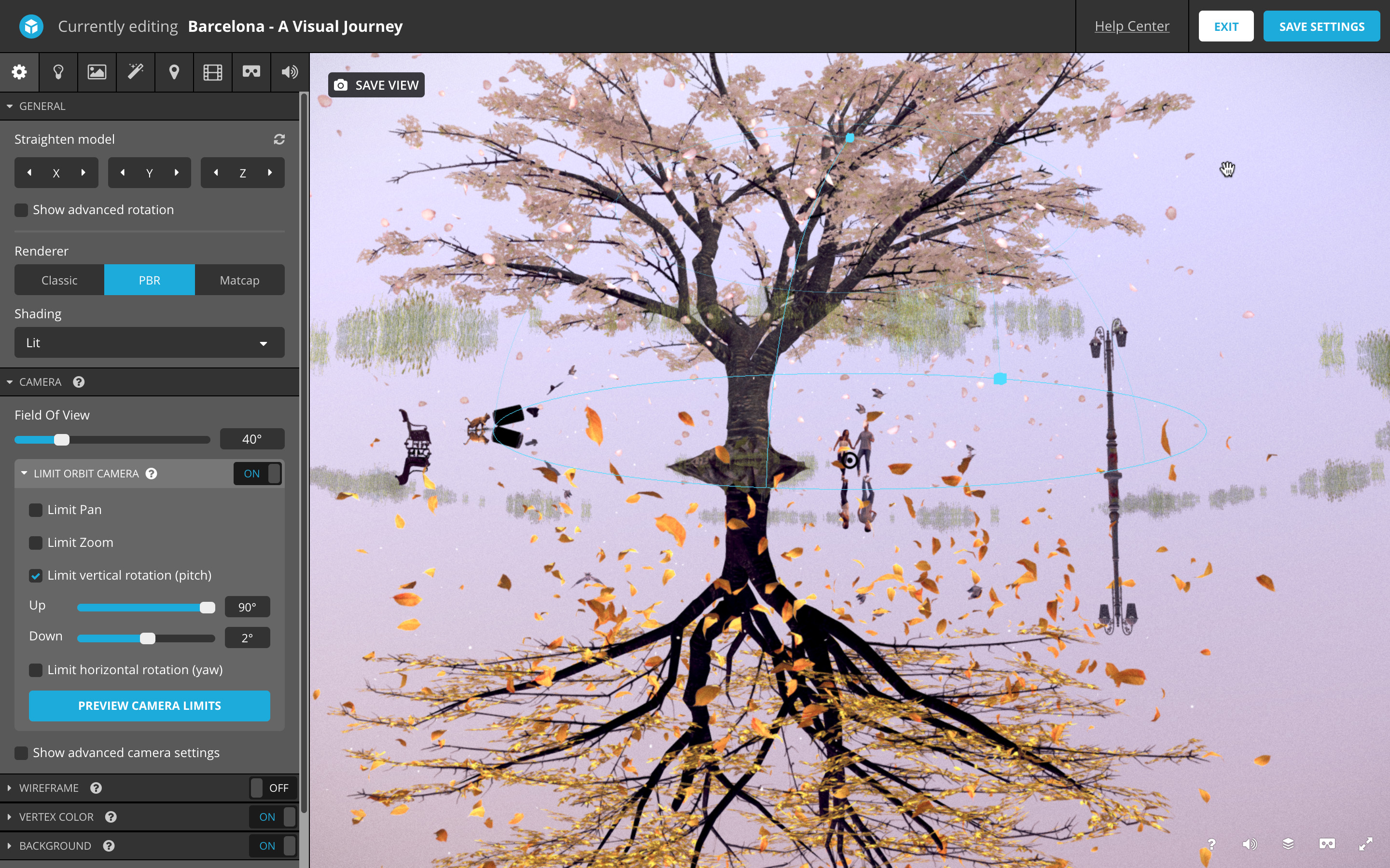 A technical side-view of the 3d scene, showing both the full spring-version of the tree and the autumn reflection scene