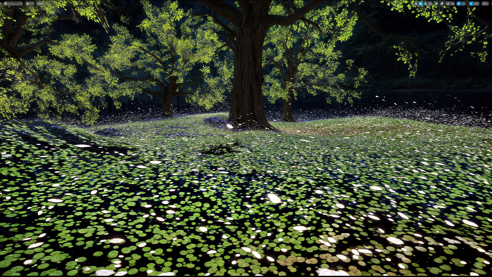 A forest landscape created using particle VFX, featuring lush green ground cover and a central, imposing dark tree