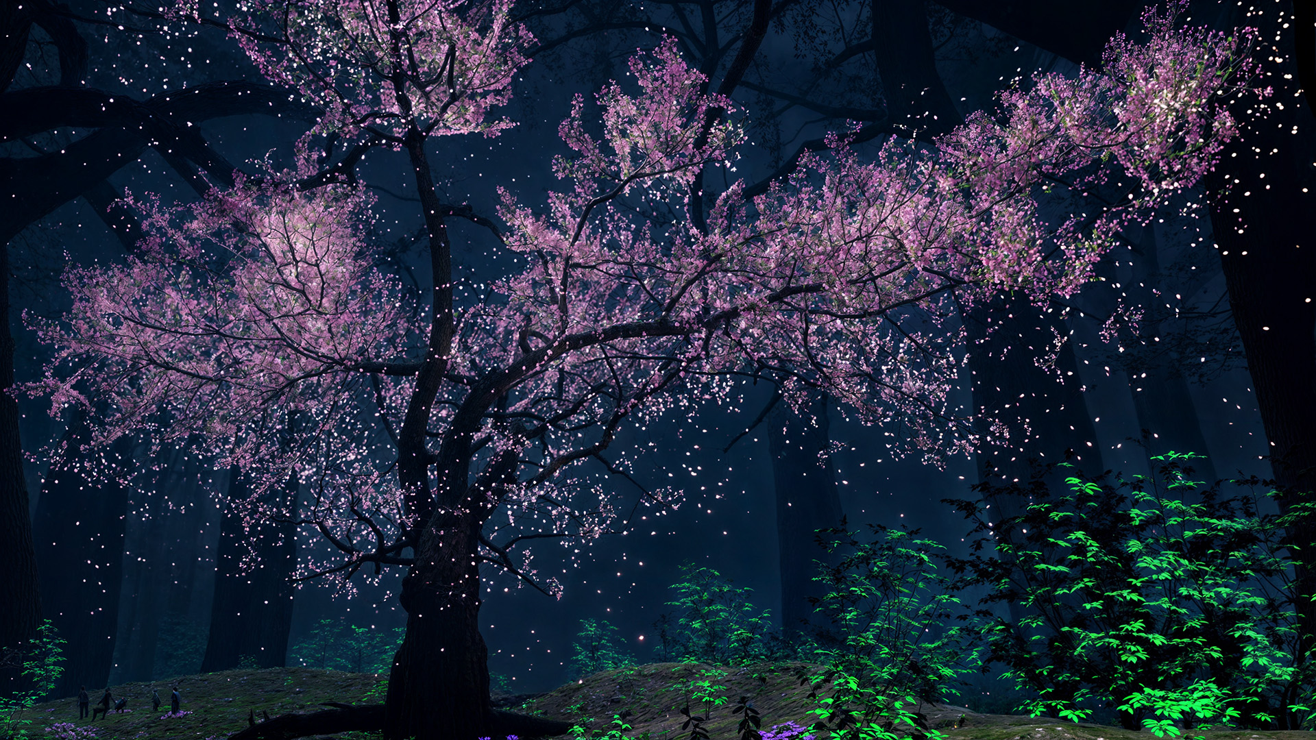 A forest landscape brought to life with particle VFX, showcasing a vibrant pink blossom tree