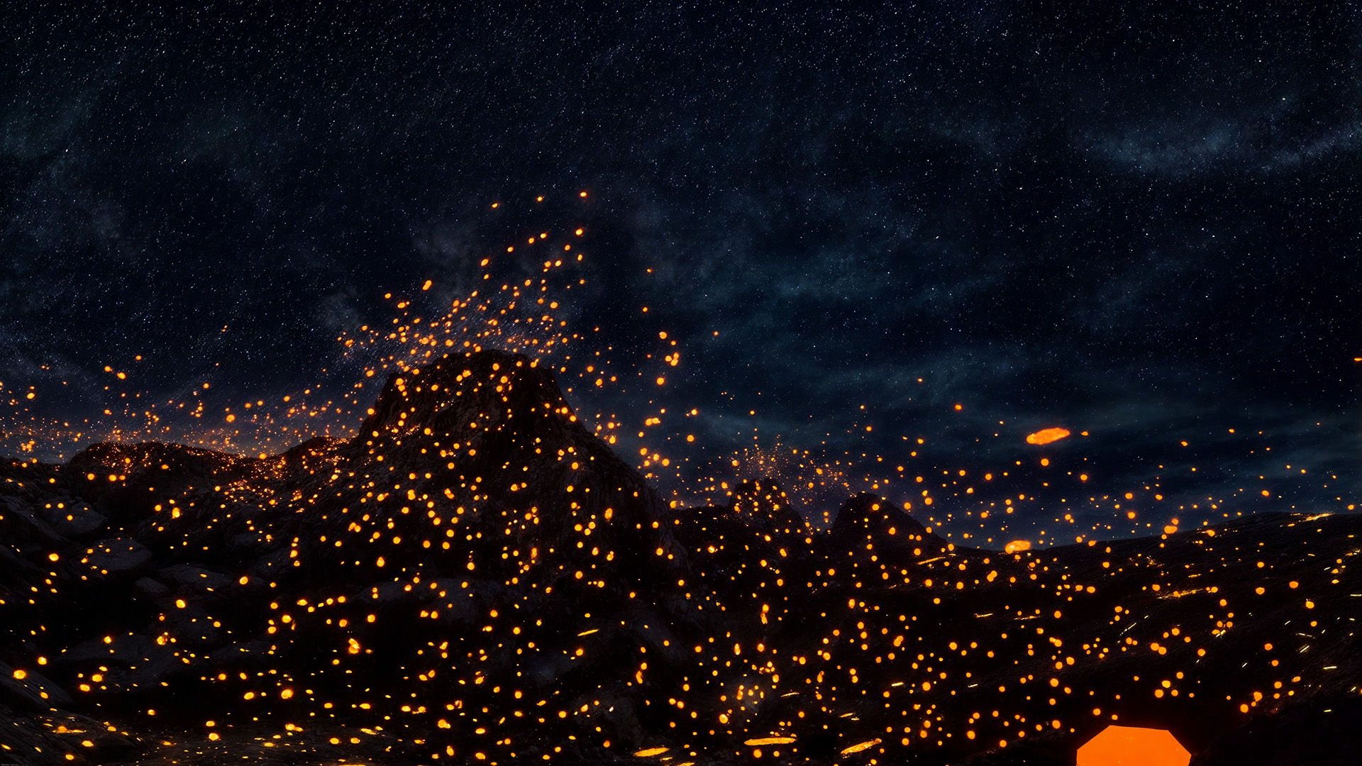 A barren desert terrain shrouded in a haze of orange particles, under a starry night sky