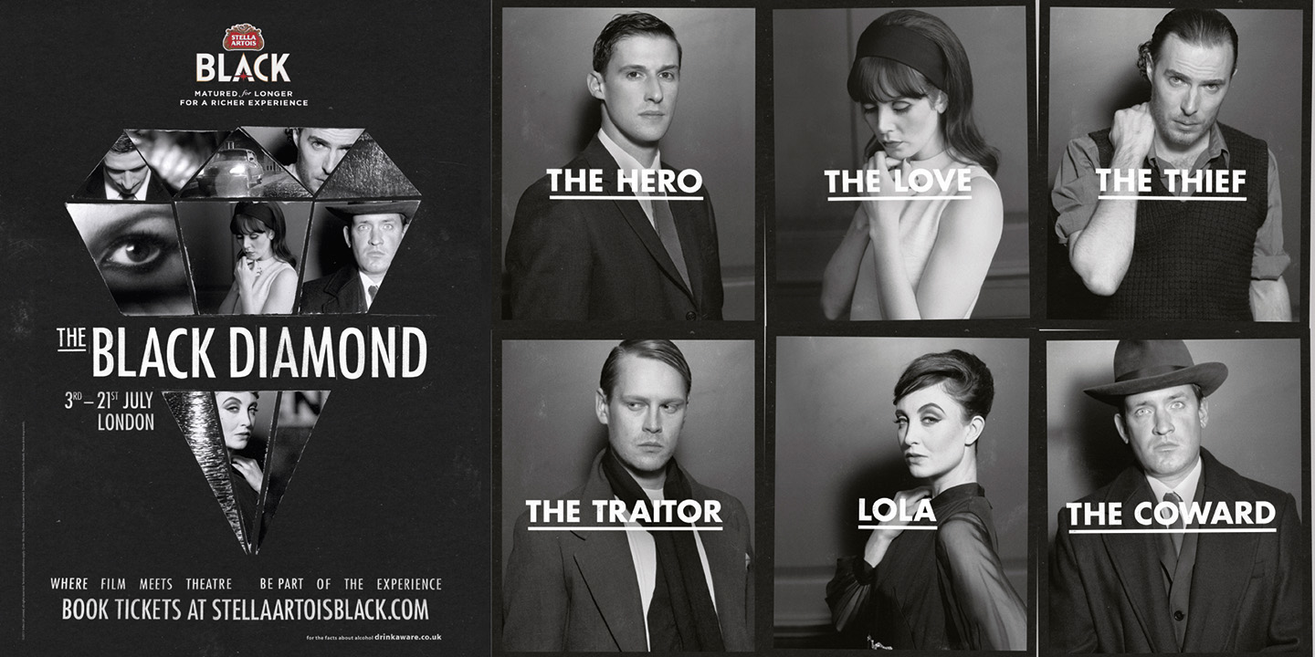 The Black Diamond campaign poster alongside six black-and-white character portraits: The Hero, The Love, The Thief, The Traitor, Lola, and The Coward. The poster carries the Stella Artois Black branding and tagline 'Where Film Meets Theatre', with London dates 3rd–21st July.