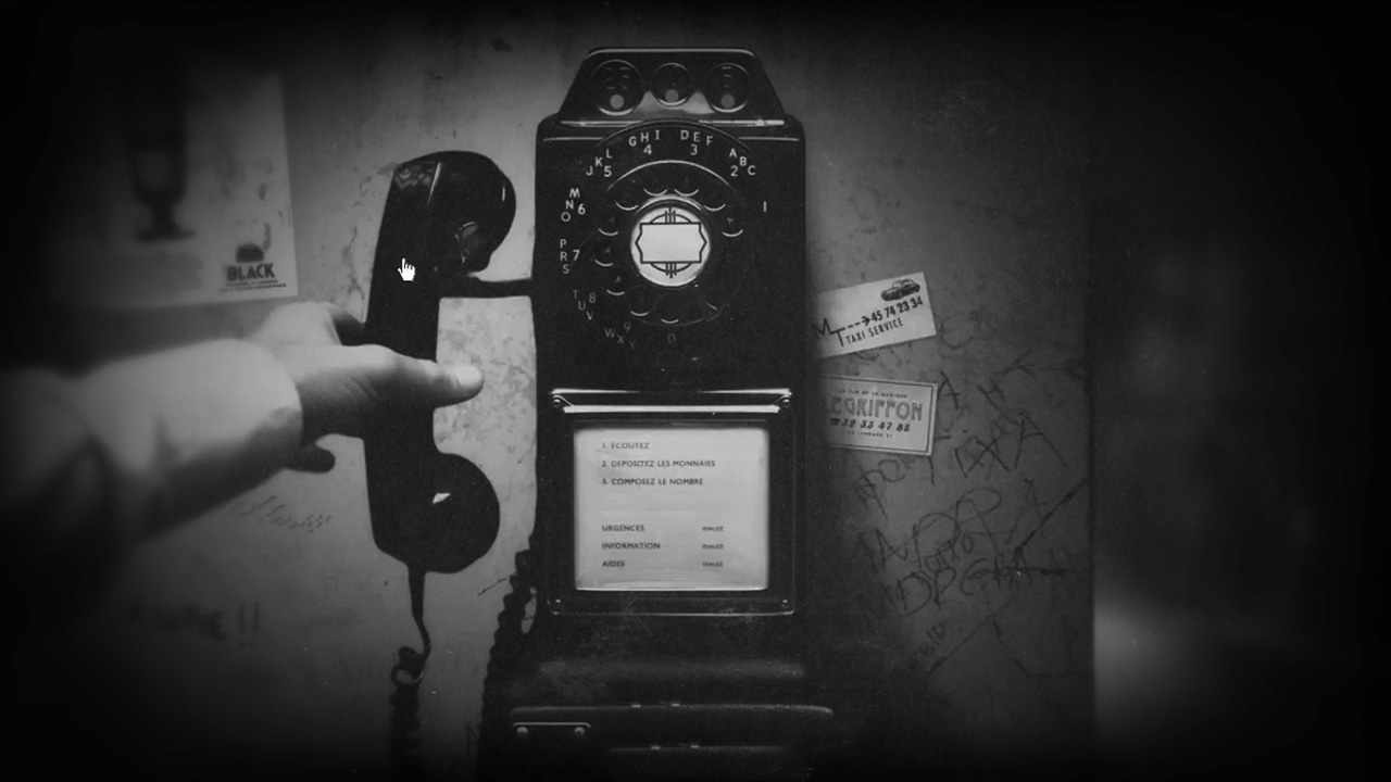 A black-and-white film still from The Black Diamond: a hand reaches toward a vintage French rotary payphone mounted on a graffiti-scrawled wall, with a taxi service card and a Griffon sticker visible alongside, and the Stella Artois Black logo on the wall to the left.