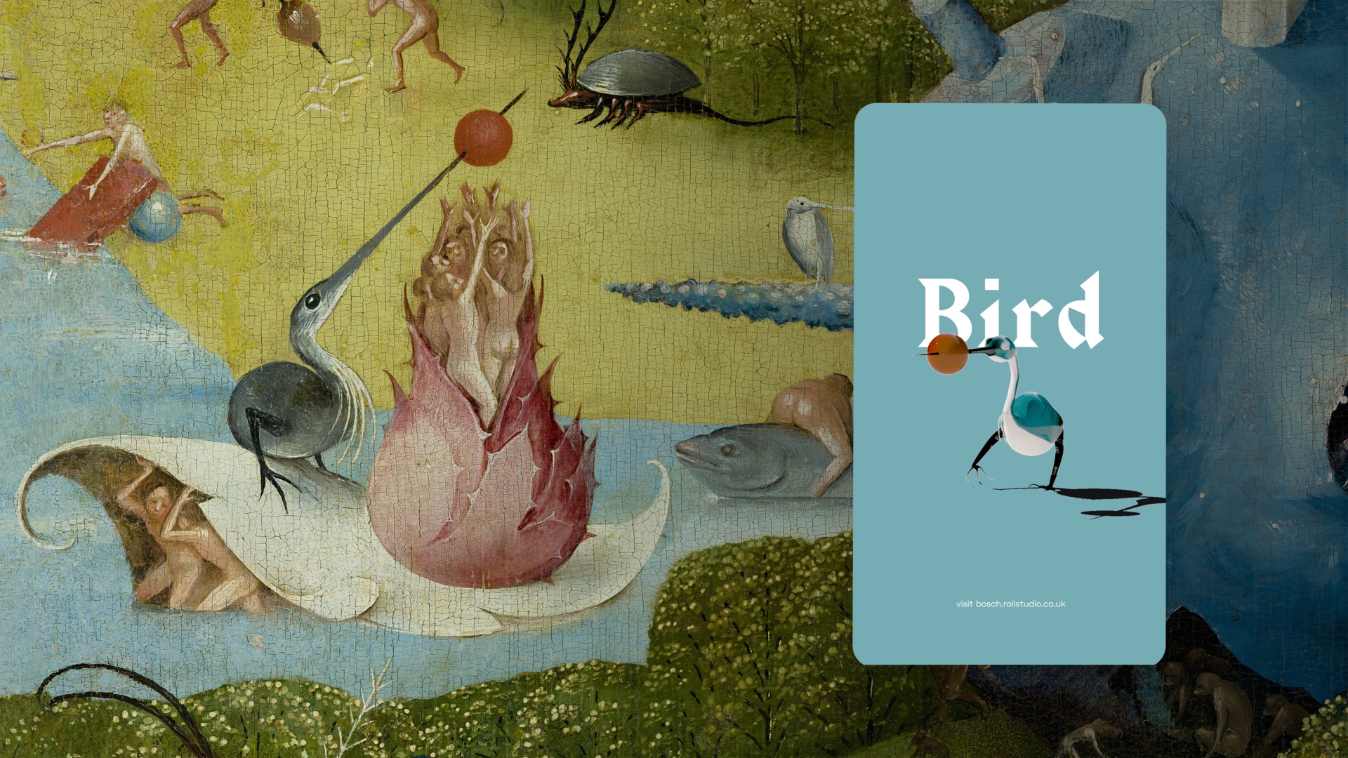 A side by side comparison of a bird character seen in Bosch's painting, The Garden of Earthly Delights, and the 3d version of that character made for our project