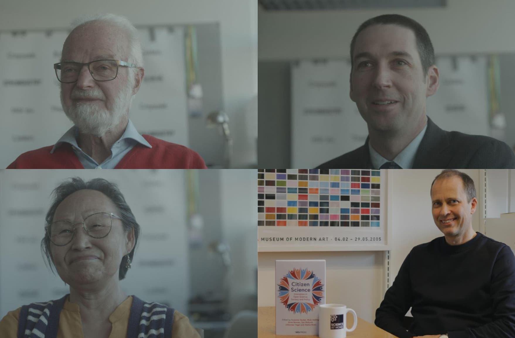 A tiled collage of four headshots featuring Søren Gregersen, William Colgan, Navarana Sørensen, and Kristian Nielsen