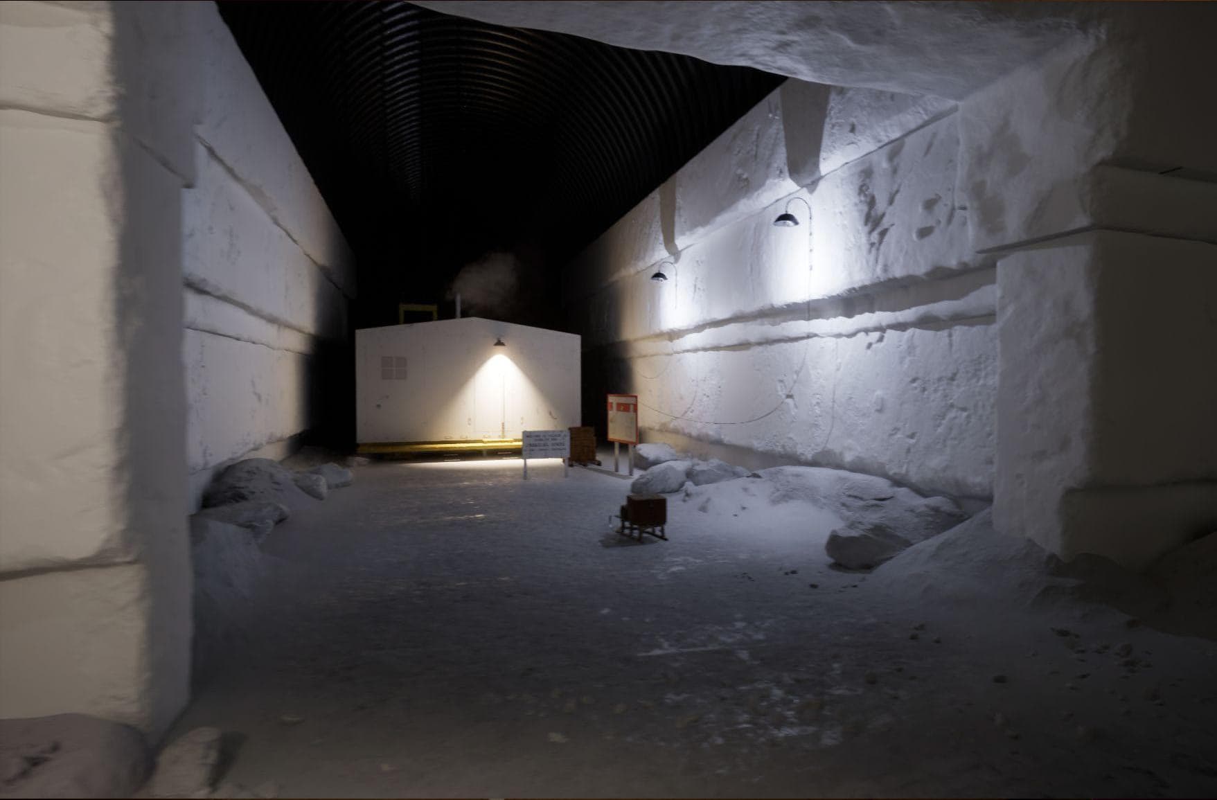 A digital recreation of an Arctic landscape tunnel using Unreal Engine. The snow walls are meticulously carved, and at the tunnel's end stands a portacabin.