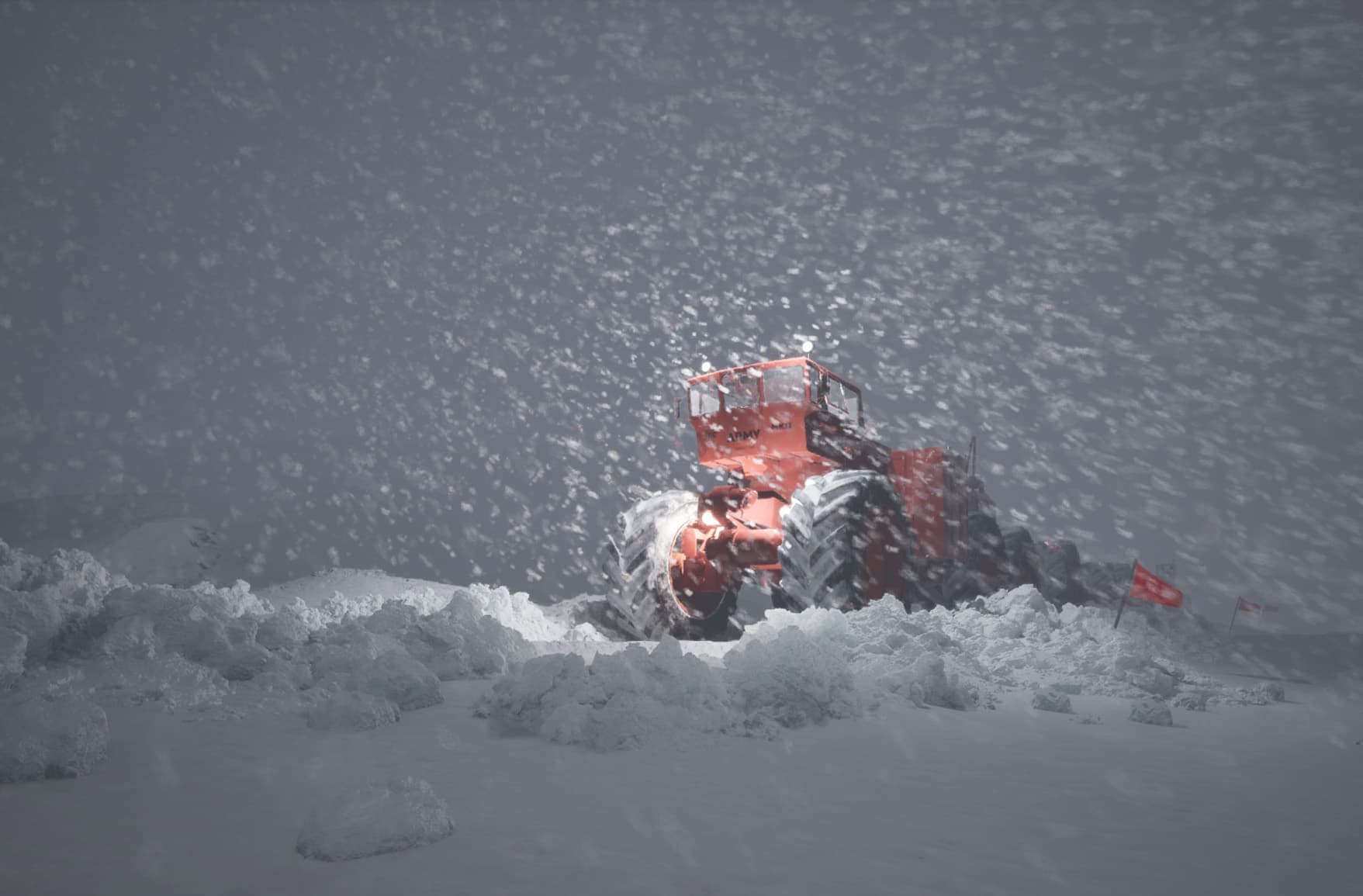 A digital rendering created in Unreal Engine, showcasing a large red snow vehicle navigating through an Arctic snowstorm.