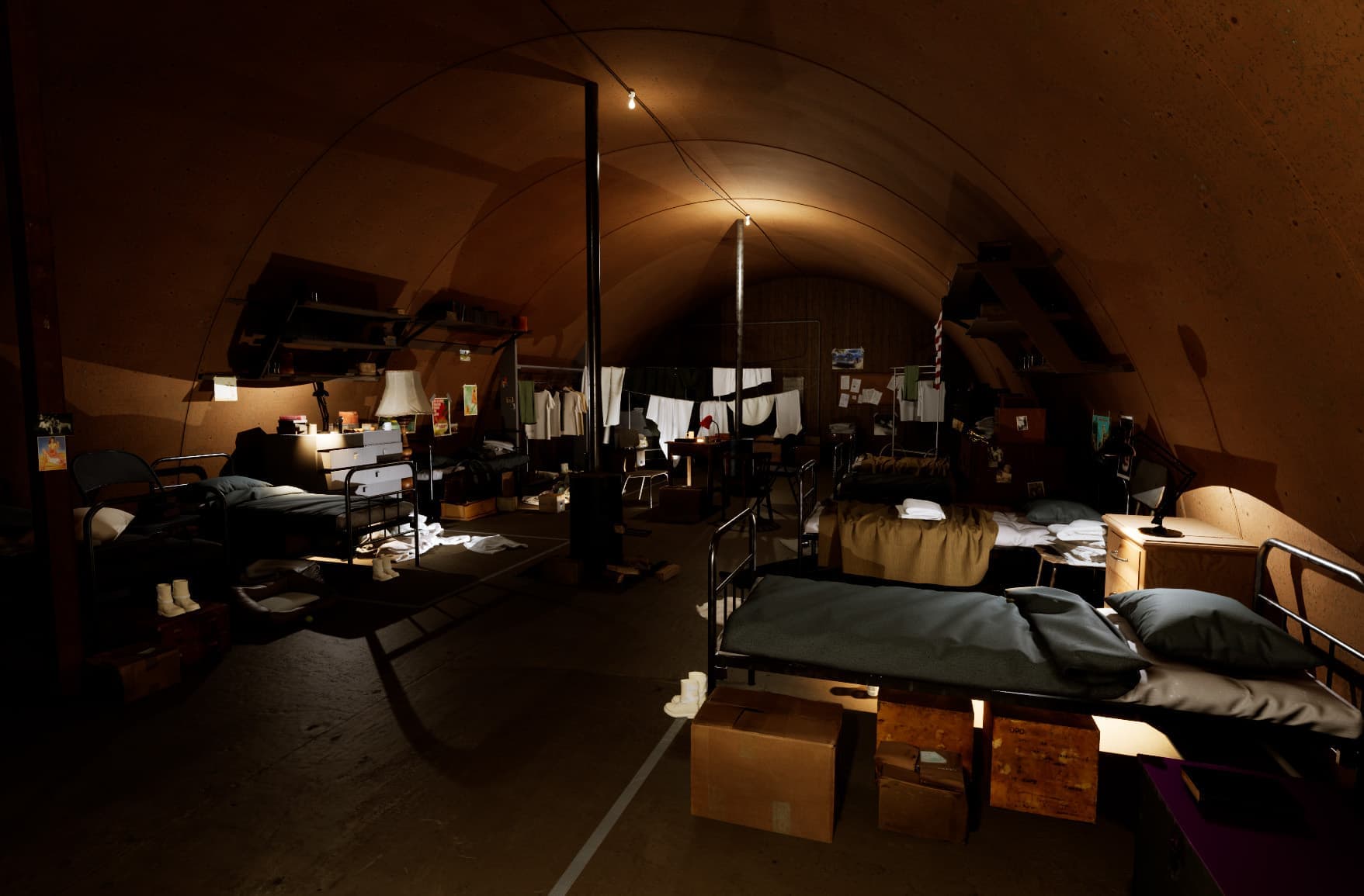 A digital rendering produced in Unreal Engine, featuring intricate ice tunnels with cables running along the walls to provide electricity. At the end of the tunnel, a snow vehicle awaits.