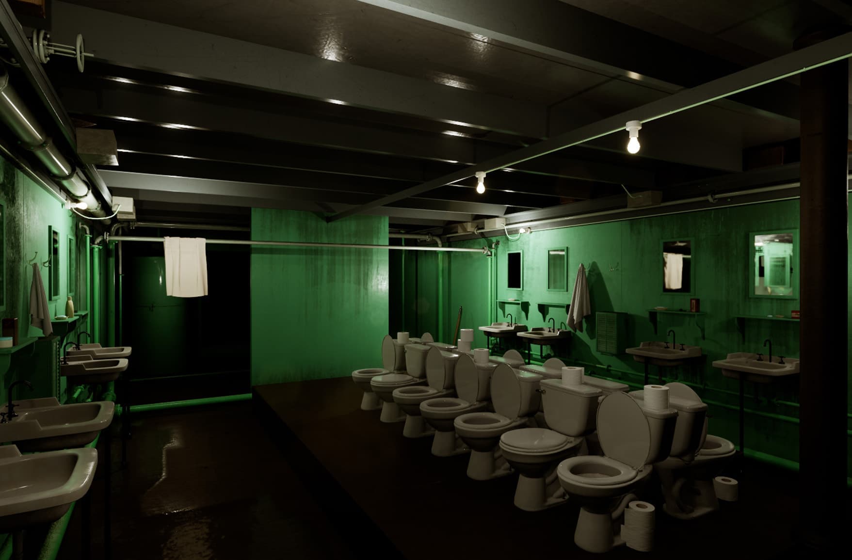 A digital rendering created in Unreal Engine, depicting a bathroom area at Camp Century where toilets lack individual enclosures or walls.