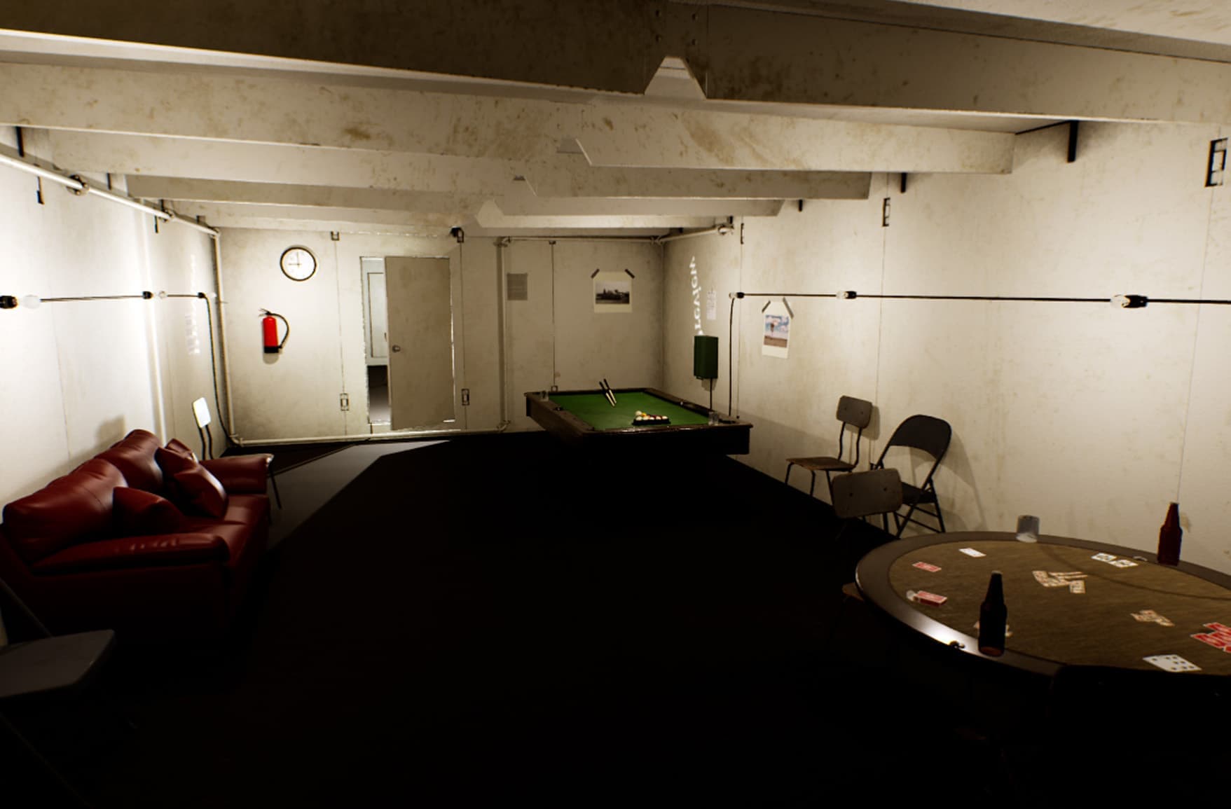 A digital rendering produced in Unreal Engine, revealing the recreational room at Camp Century, with a leather sofa, card table, and pool table.