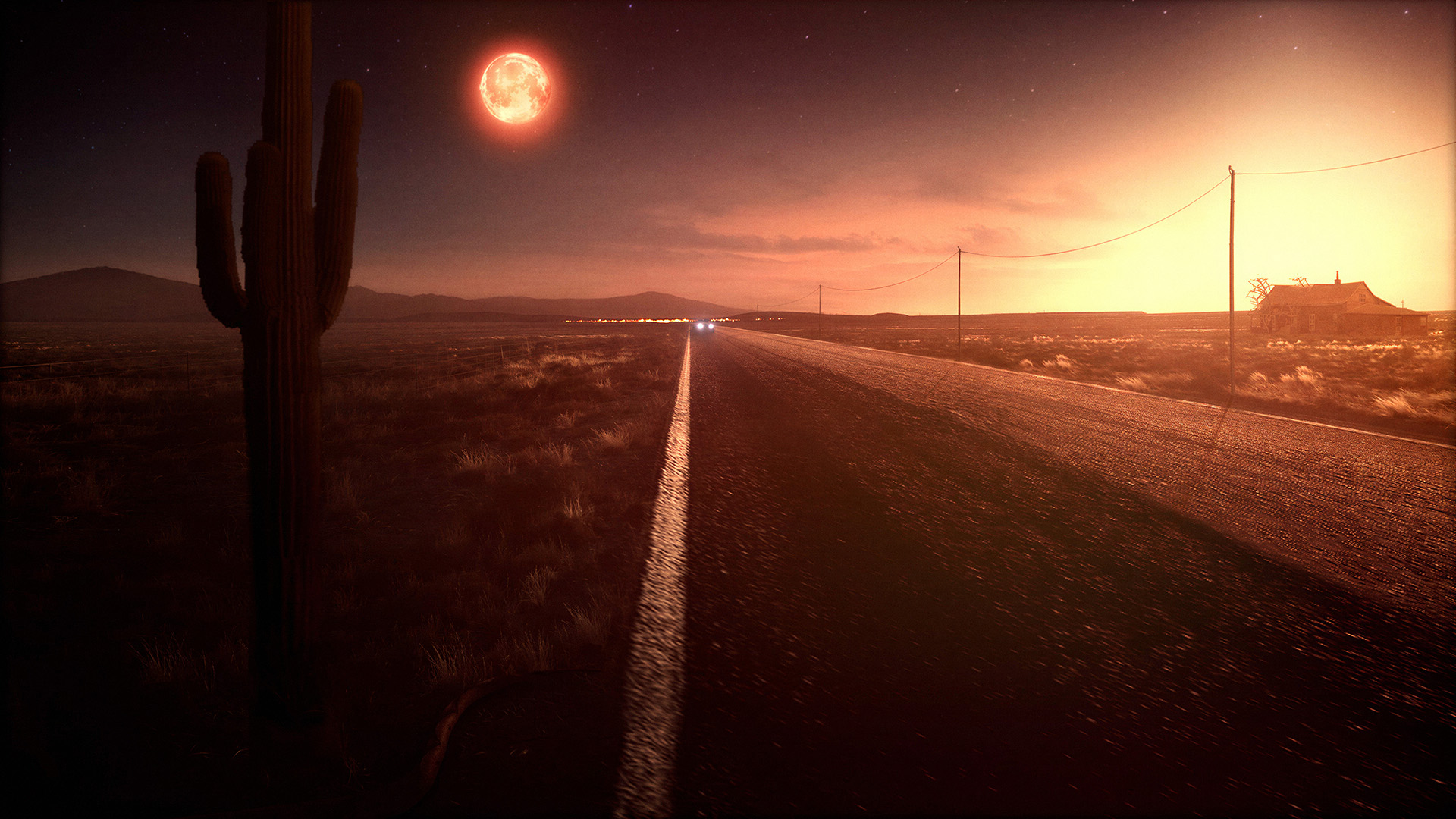 Converse Desire: a desert road at night beneath a giant orange moon, with a saguaro cactus silhouette, approaching car headlights, and a distant lit house