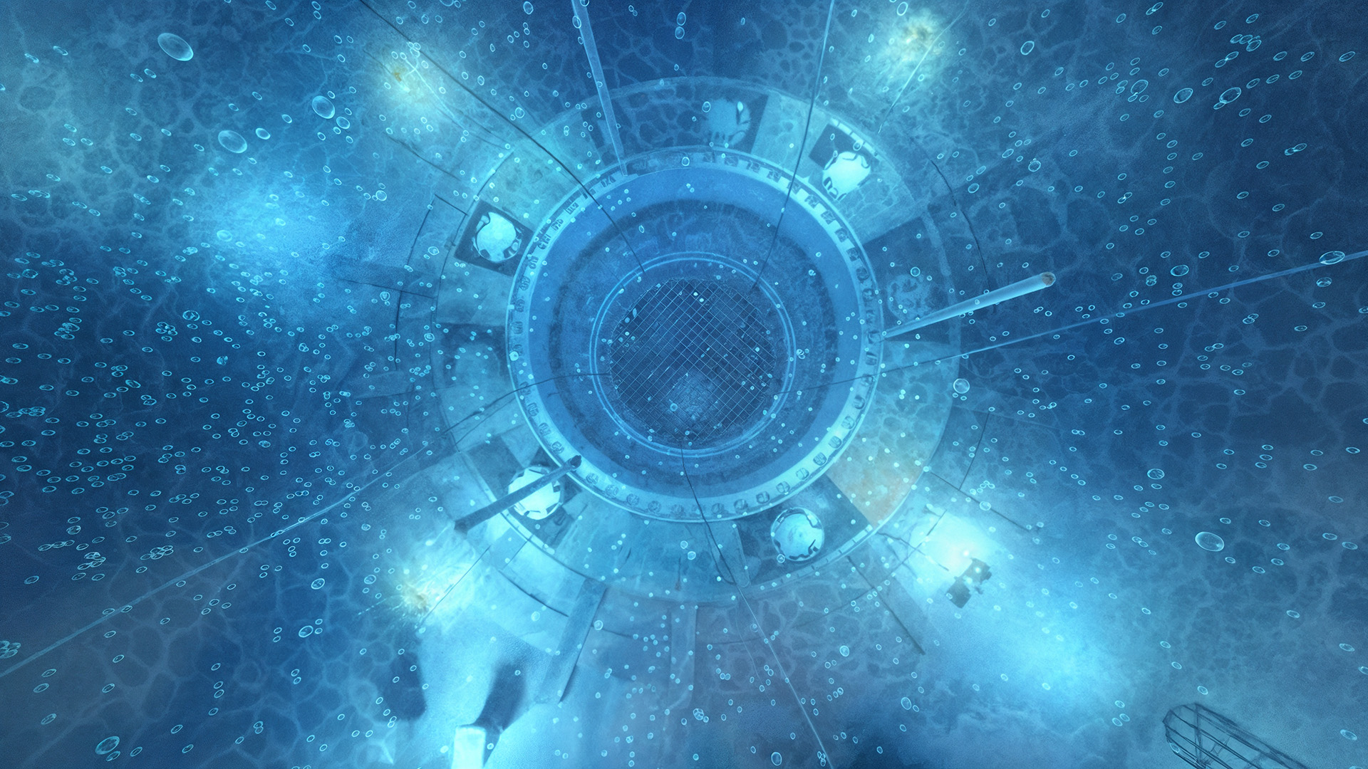 A 3d rendered shot looking downwards into the pool situated above a nuclear reactor