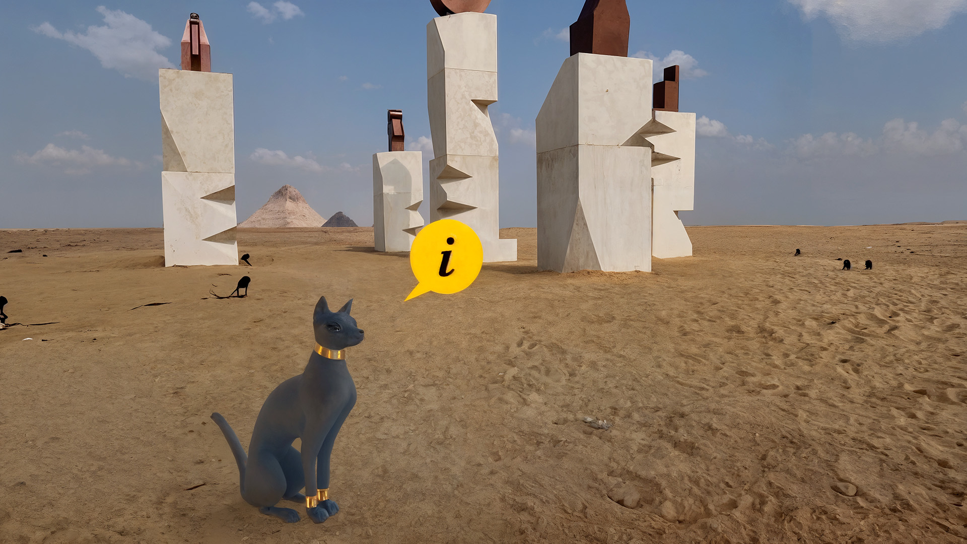 A photo from the art exhibition around the pyramids in Egypt, showing our virtual guide Bastet