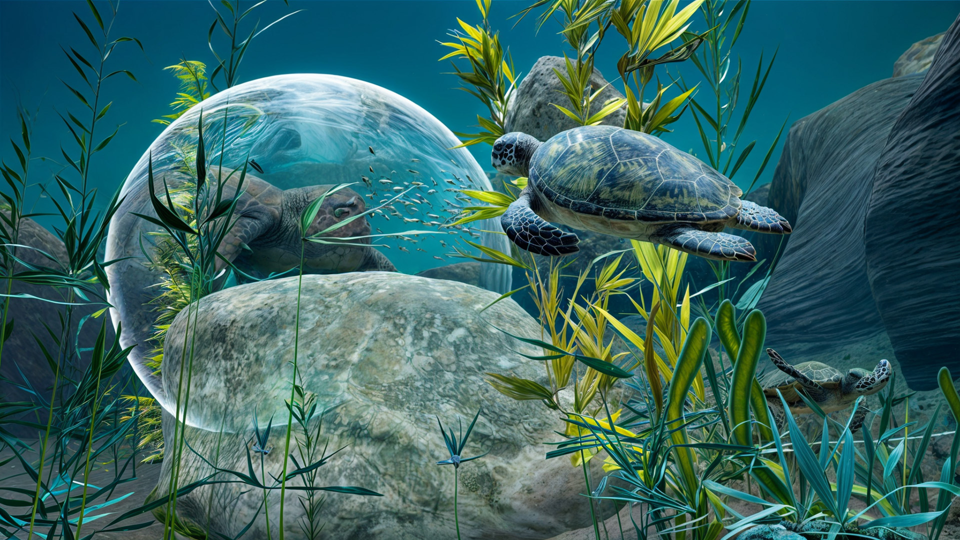 A screenshot of a sea turtle moving through an underwater landscape with kelp and other plants, built in Unreal Engine