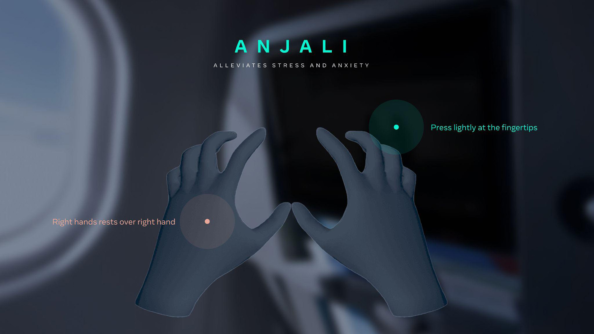MEDITATION: The Anjali mudra with on-screen callouts showing where to press the fingertips and rest the hands.