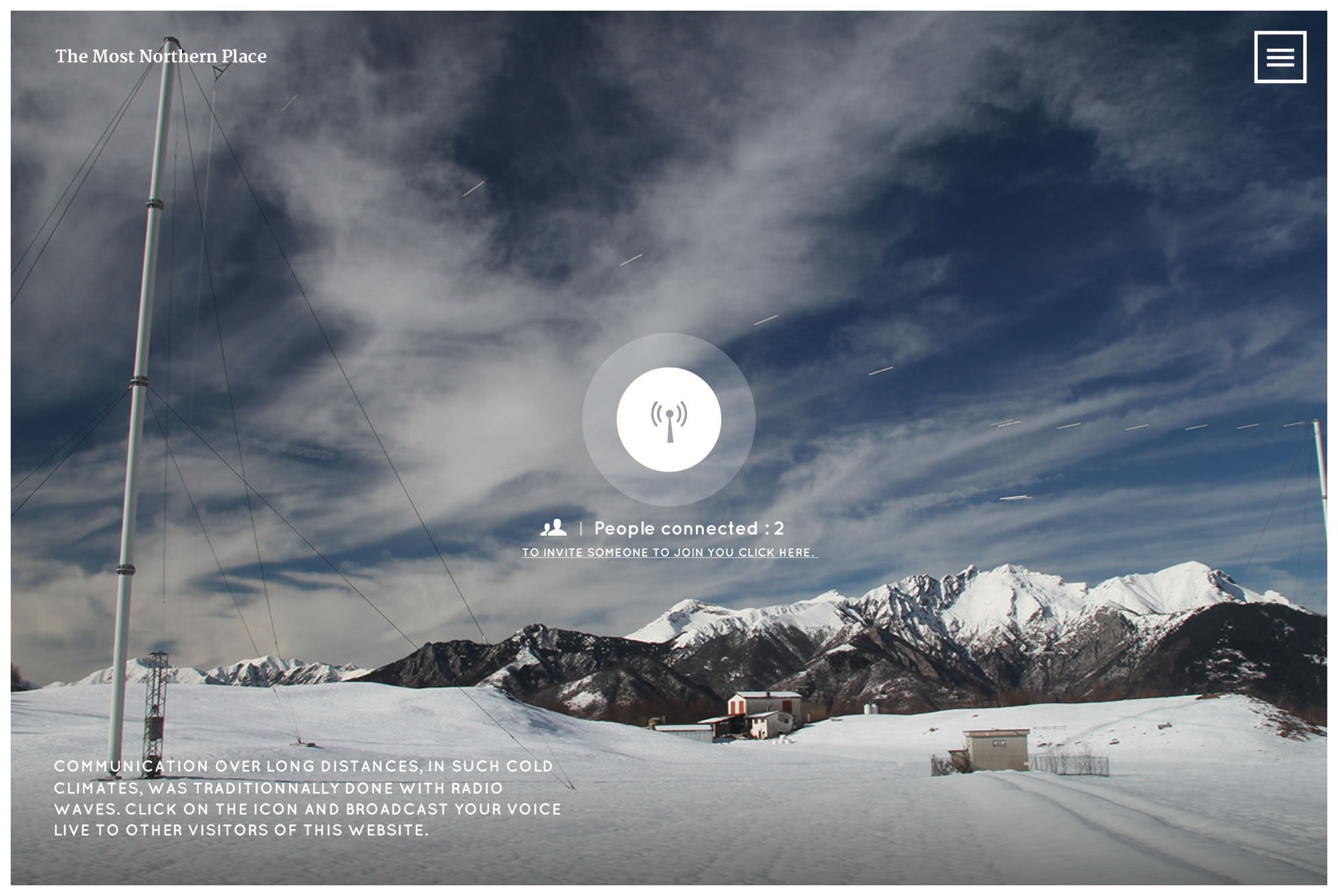 A screenshot of a snowy mountain top, with superimposed the UI of a radio tool built for the project allowing anyone on the website to talk to anyone else in real time