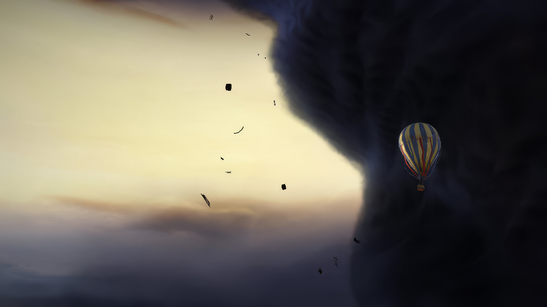 Find Your Way to Oz: a CG rendered scene of a yellow, blue, and red striped hot air balloon approaching a towering dark tornado, with warm amber light on the left and storm debris scattered through the air.