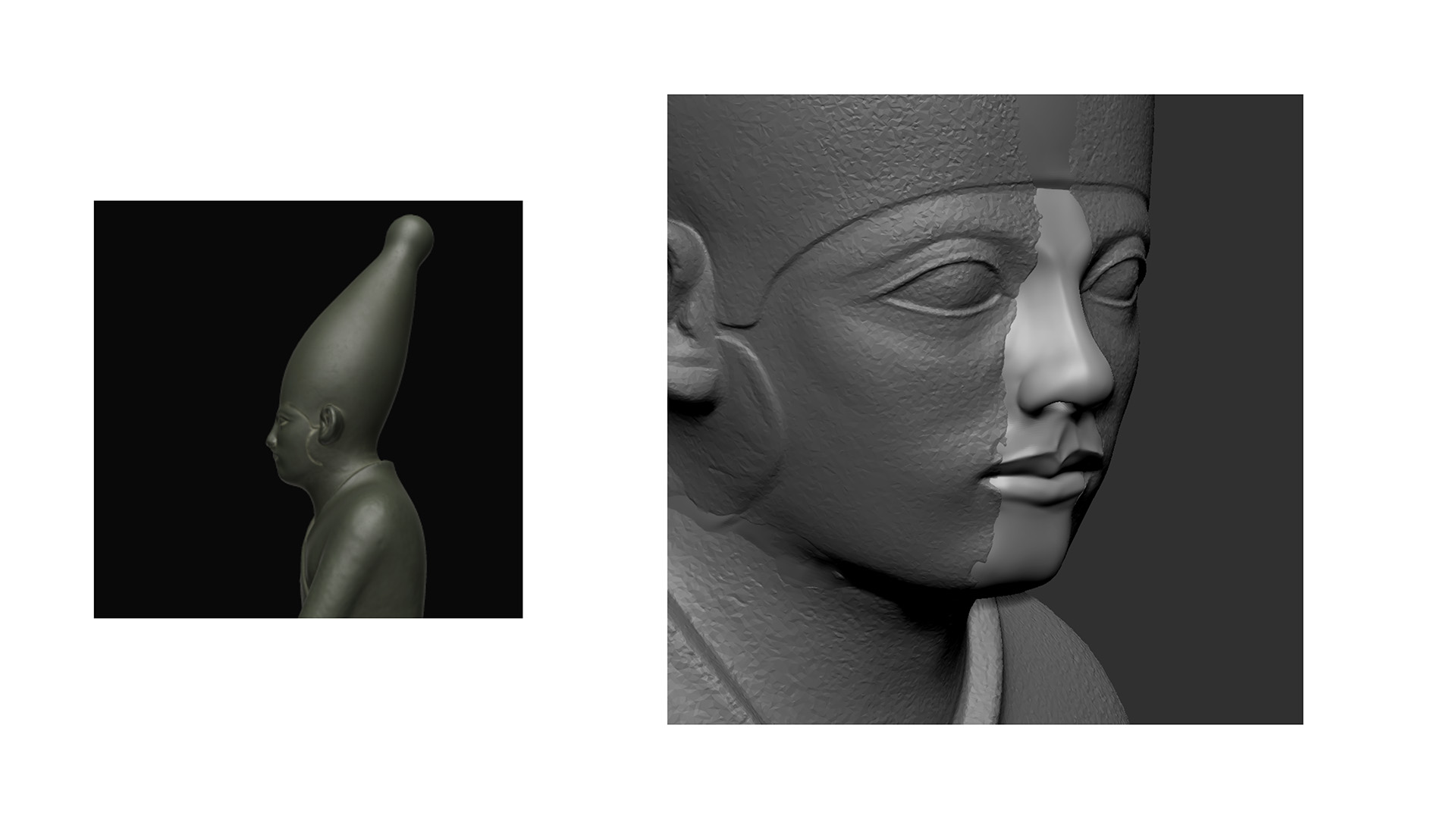 REVIVAL: Two 3D scan renders of a pharaoh's head, a grey side-profile view and a close-up split-shaded face render used to check surface detail.