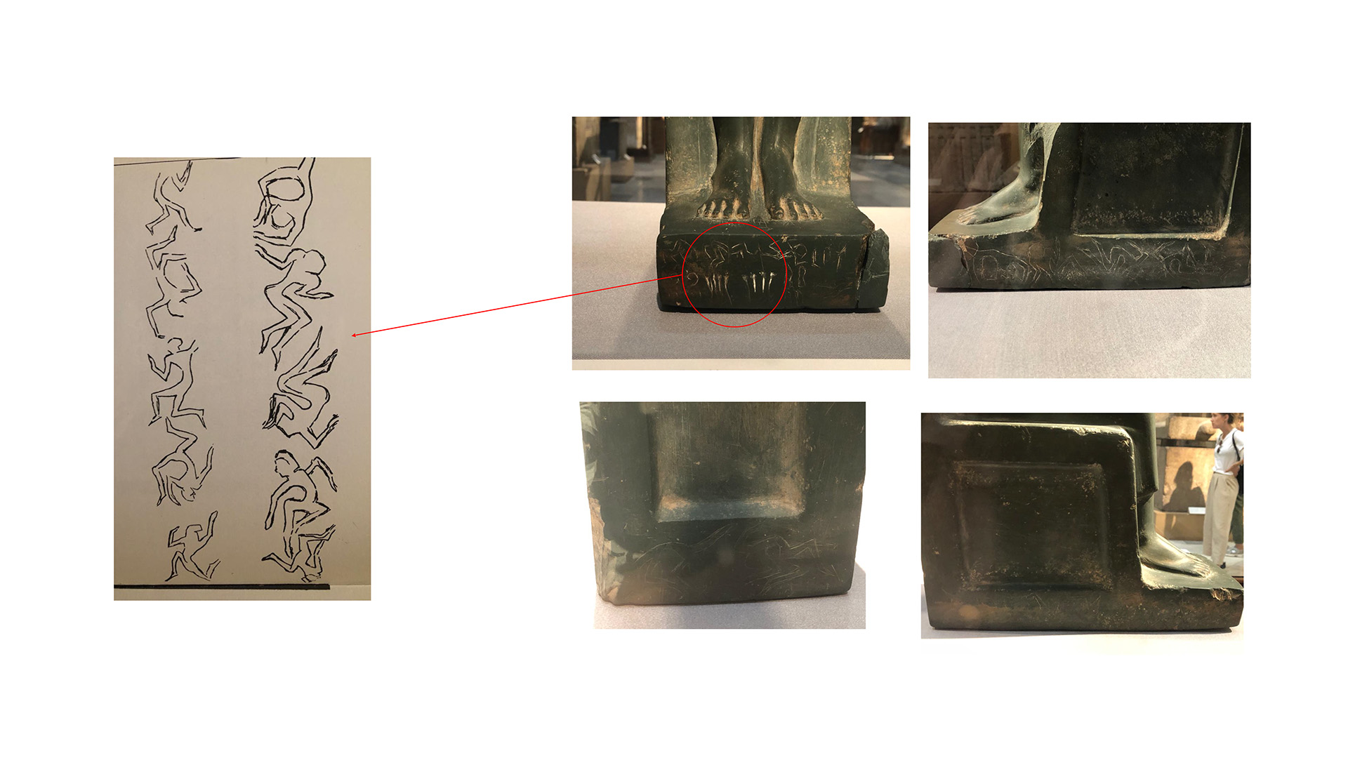 REVIVAL: Reference sketches of tumbling figures beside close-up photos of the statue's carved feet and base used to guide the restoration.