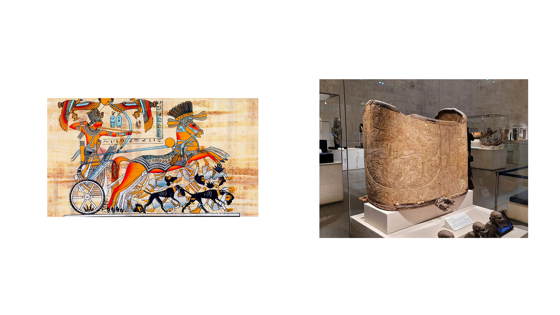 REVIVAL: An illustrated scene of Thutmose IV firing a bow from his chariot beside a photo of the original curved chariot body panel in a museum case.