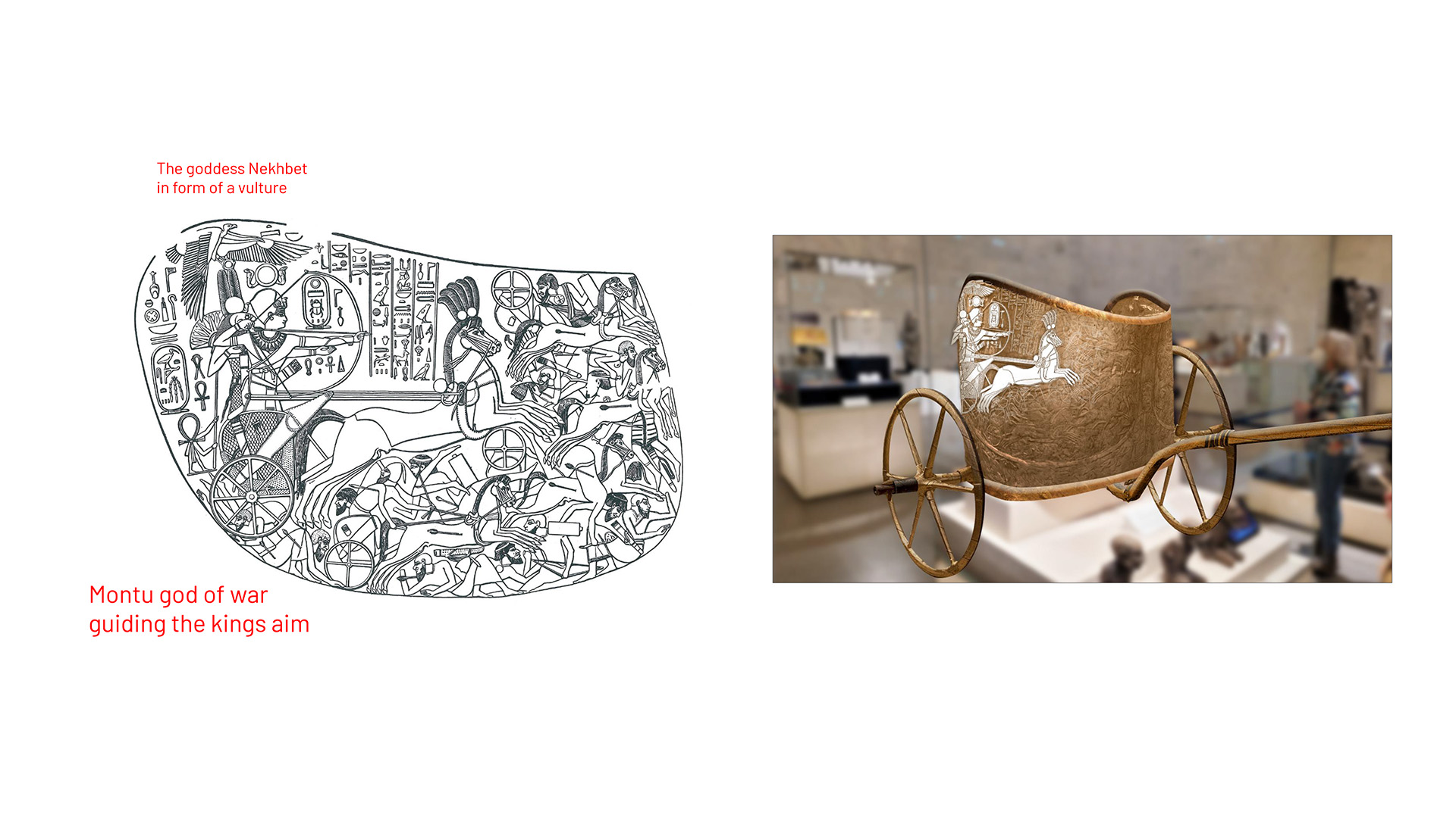 REVIVAL: A labelled line drawing of the chariot's painted battle scene, identifying the goddess Nekhbet and Montu, god of war, beside a gilded 3D reconstruction of the complete chariot.
