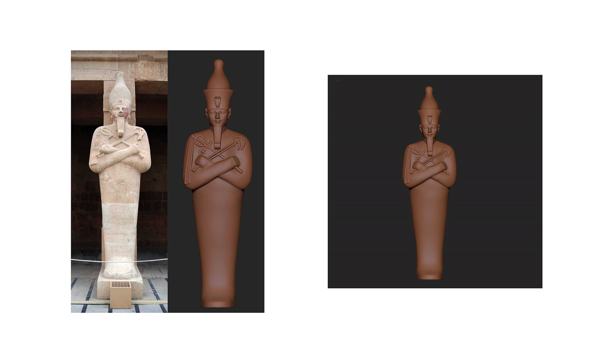 REVIVAL: A reference photo of an Osirian statue at a temple beside two 3D render versions of the same figure on a dark background.