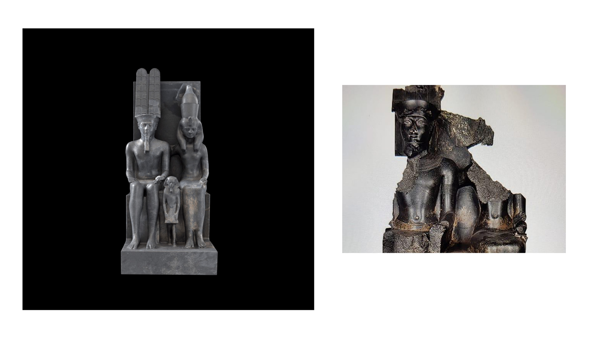 REVIVAL: A 3D render of a seated triad statue of a god, goddess and small king beside a photo of the damaged original statue.