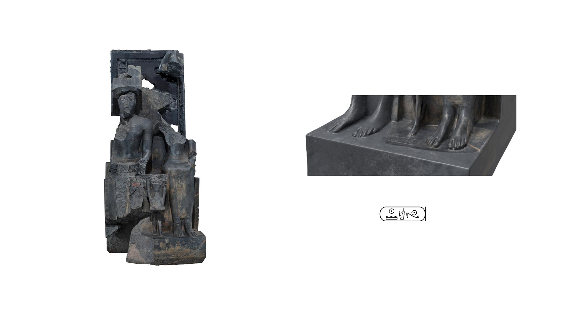 REVIVAL: A cracked, partially reconstructed 3D model of the triad statue beside a close-up of the carved feet and cartouche on its base.