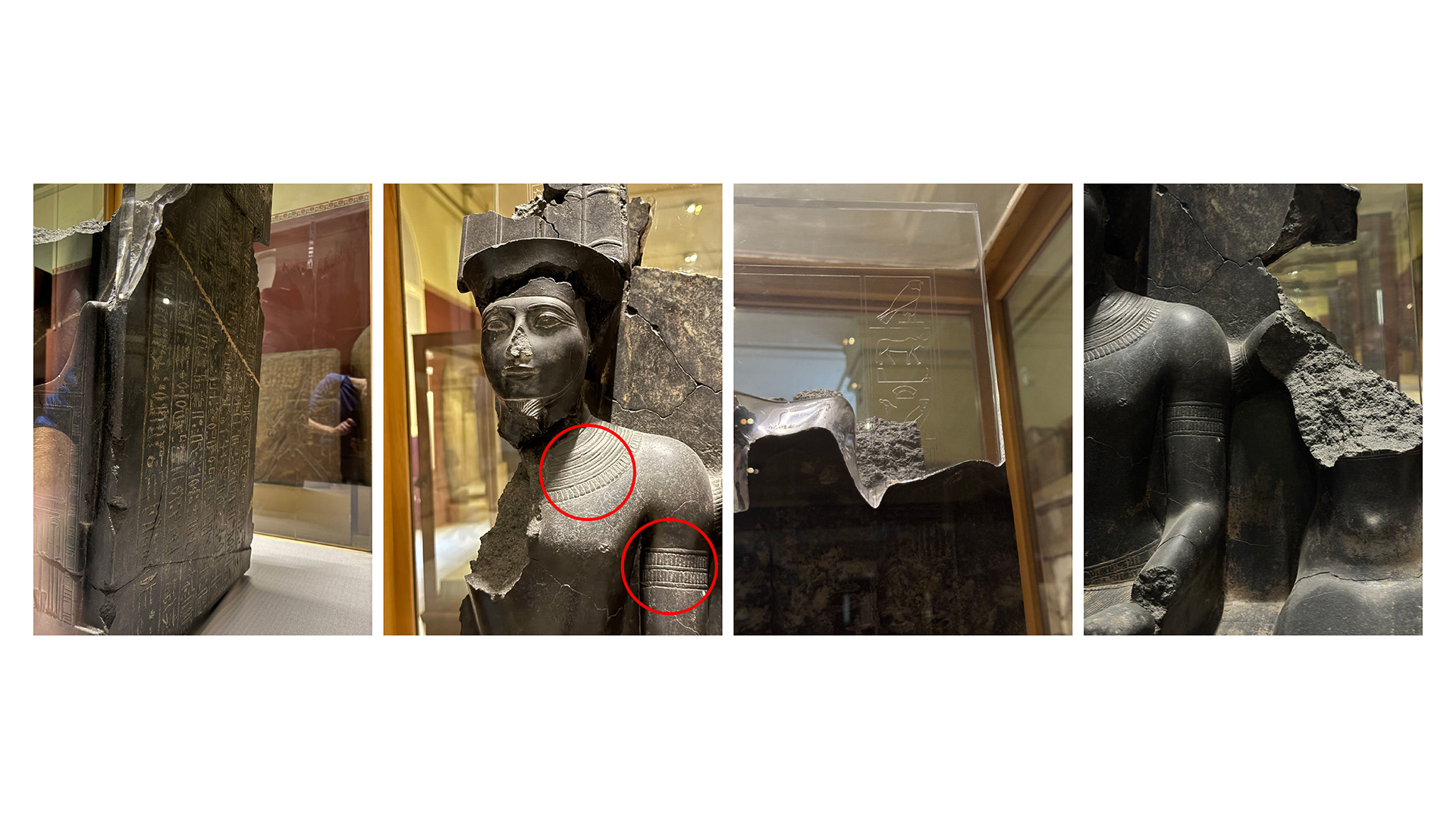 REVIVAL: Four detail photos documenting cracks and breakage across the triad statue in its museum case.