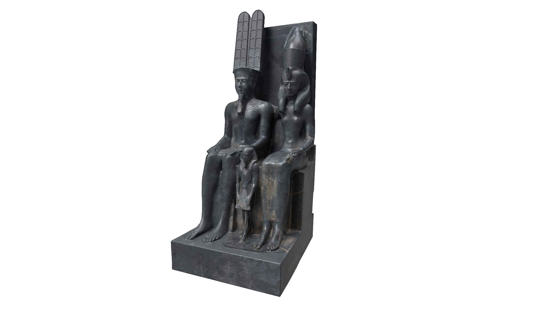 REVIVAL: A 3D render of the fully restored triad statue of a seated god, goddess and small king, shown from a three-quarter angle.