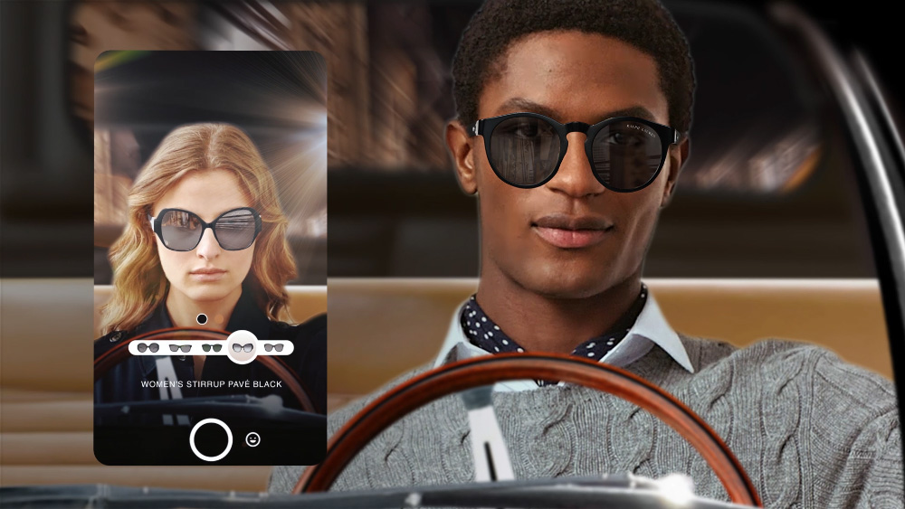 A gif showing the Stirrup sunglasses AR experience with classic sports car theme